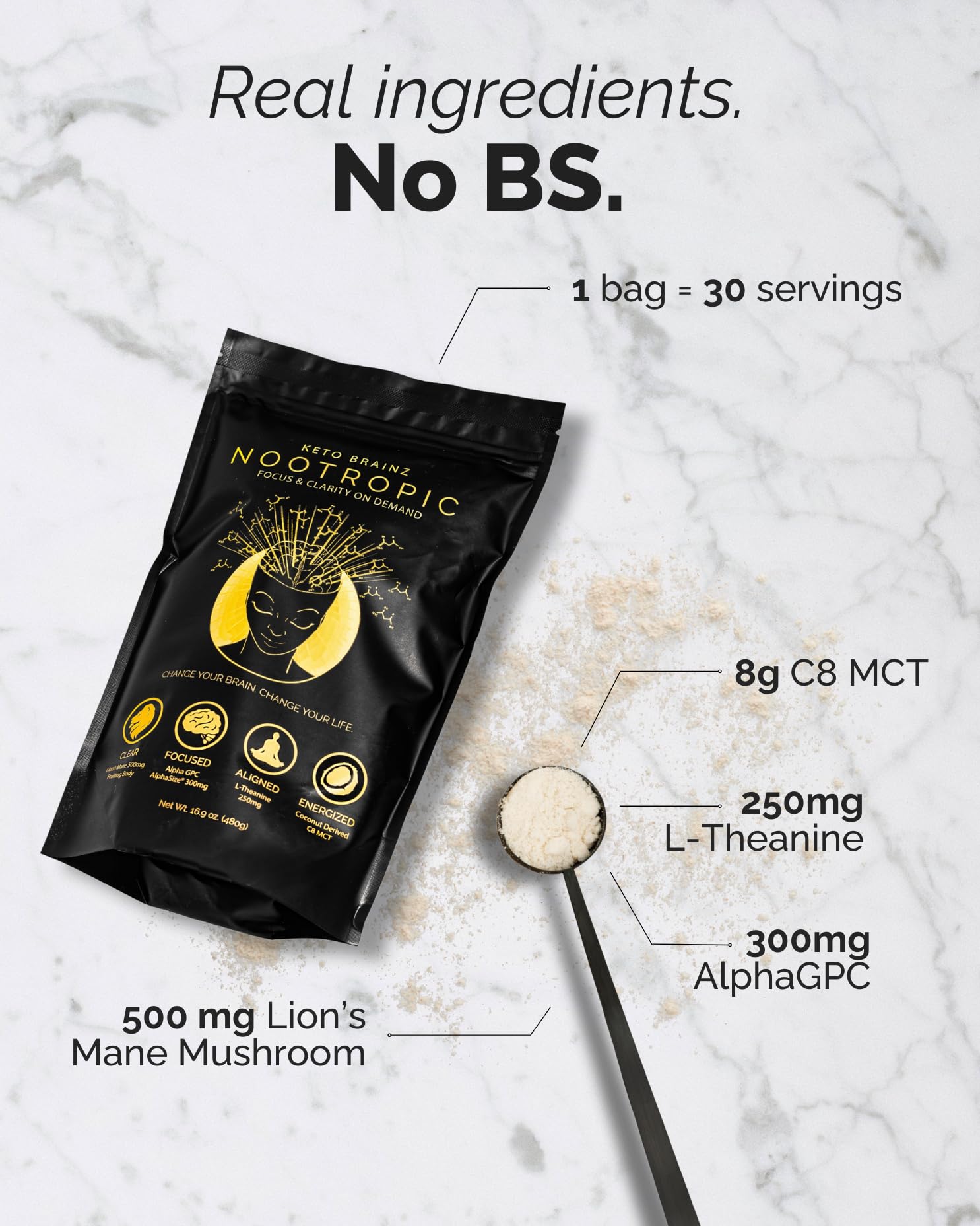 Keto Brainz C8MCT Based Nootropic - with 500mg Lion's Mane Mushroom, AlphaGPC & L-Theanine This is The Ultimate Easy to use nootropic Stack & Makes Delicious Mushroom Coffee! 16oz. 30 Servings Keto BrainzAu supplements