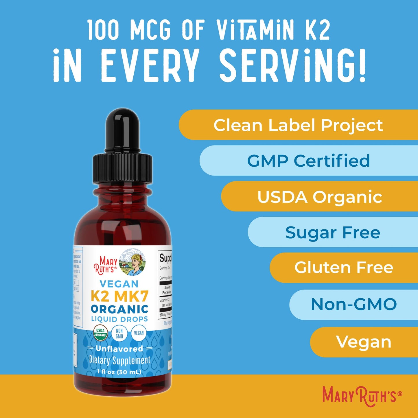 MaryRuth’s USDA Organic Vitamin K2 MK7 Liquid Drops for Adults & Kids | Sourced from Natto | Menaquinone- 7 | Vegan K2 Vitamin for Bone Health & Calcium Absorption | 1oz | Up to 90 Servings MARYRUTH'SUS supplements