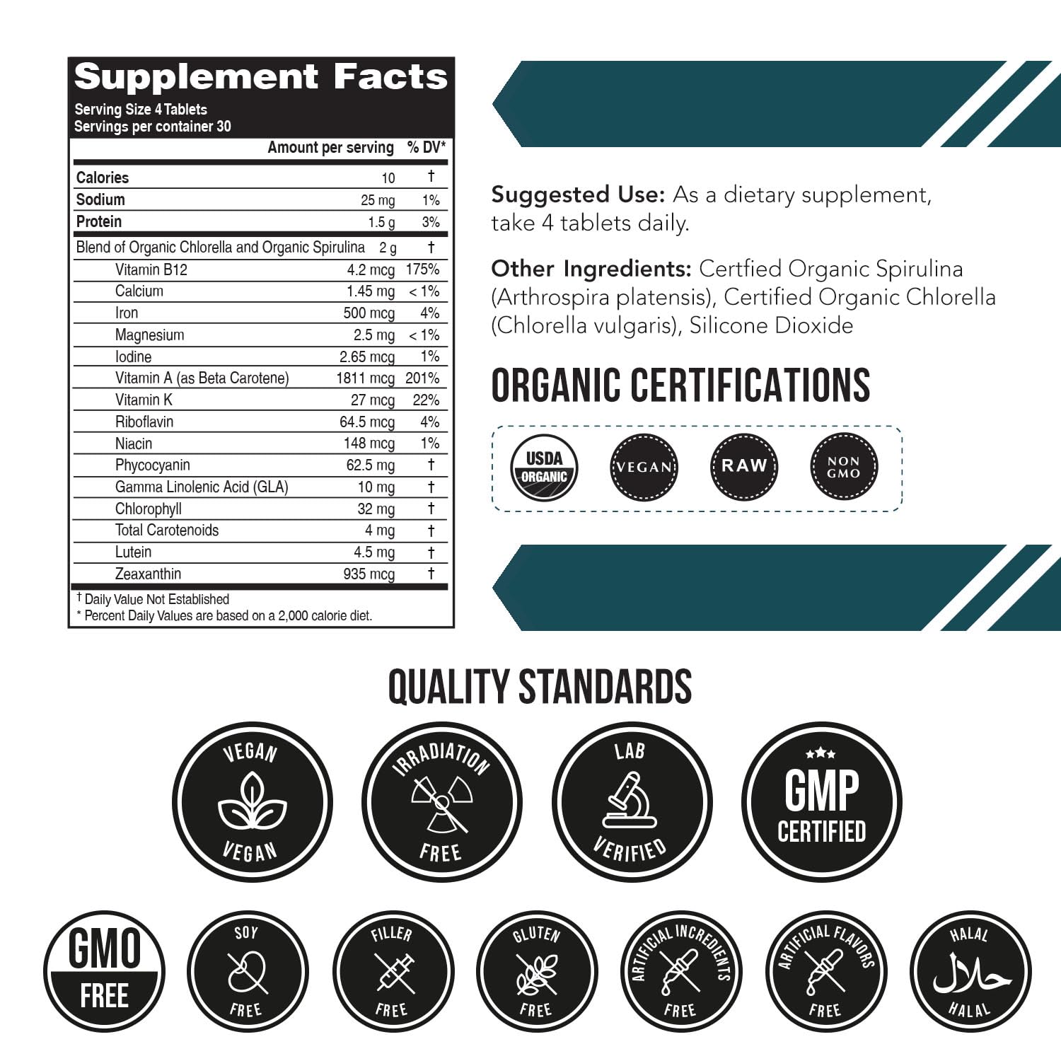 Organic Spirulina & Chlorella Tablets – 4 Organic Certifications, Raw, Non-Irradiated – 50/50 Blue Green Algae Blend – Antioxidant Content Equal to 5 Servings of Vegetables (120 Tablets) Triquetra HealthAu supplements