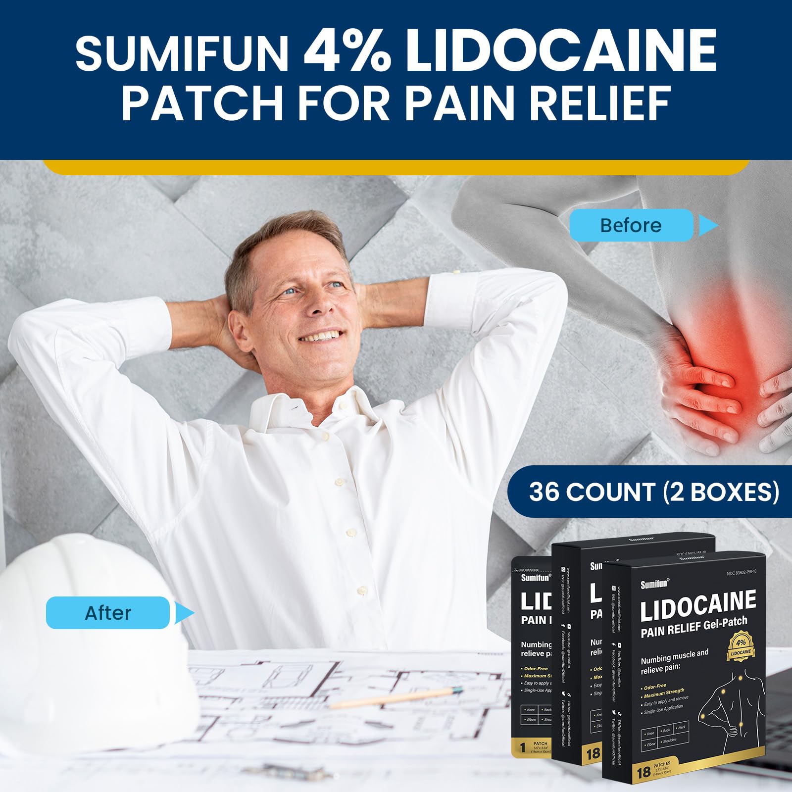 Sumifun 4% Lidocaine Pain Relief Patches - 36 Count Patches for Back, Shoulder, Muscle, Joints, Knee Pain Relief - Lower Back Pain Relief Products - Pain Patches Maximum Strength Lidocaine SumifunAu supplements