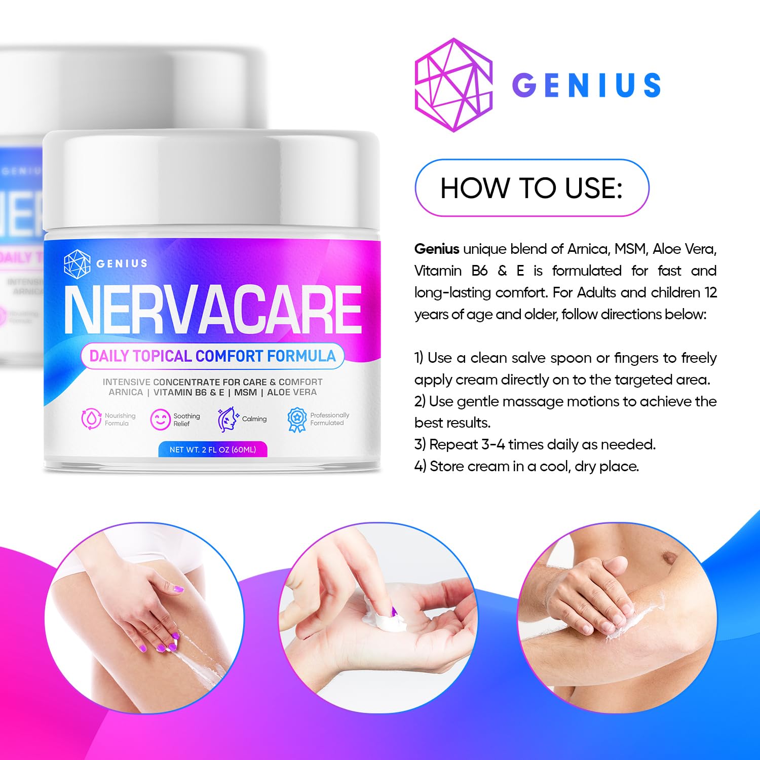 Genius Nervacare – Neuropathy Cream for Feet, Hands, Legs & Toes – Nerve Comfort Cream with Menthol, Arnica, MSM, Vitamin B6, Aloe Vera – Fast-Absorbing, Non-Greasy 2Oz GENIUS CUREAu supplements
