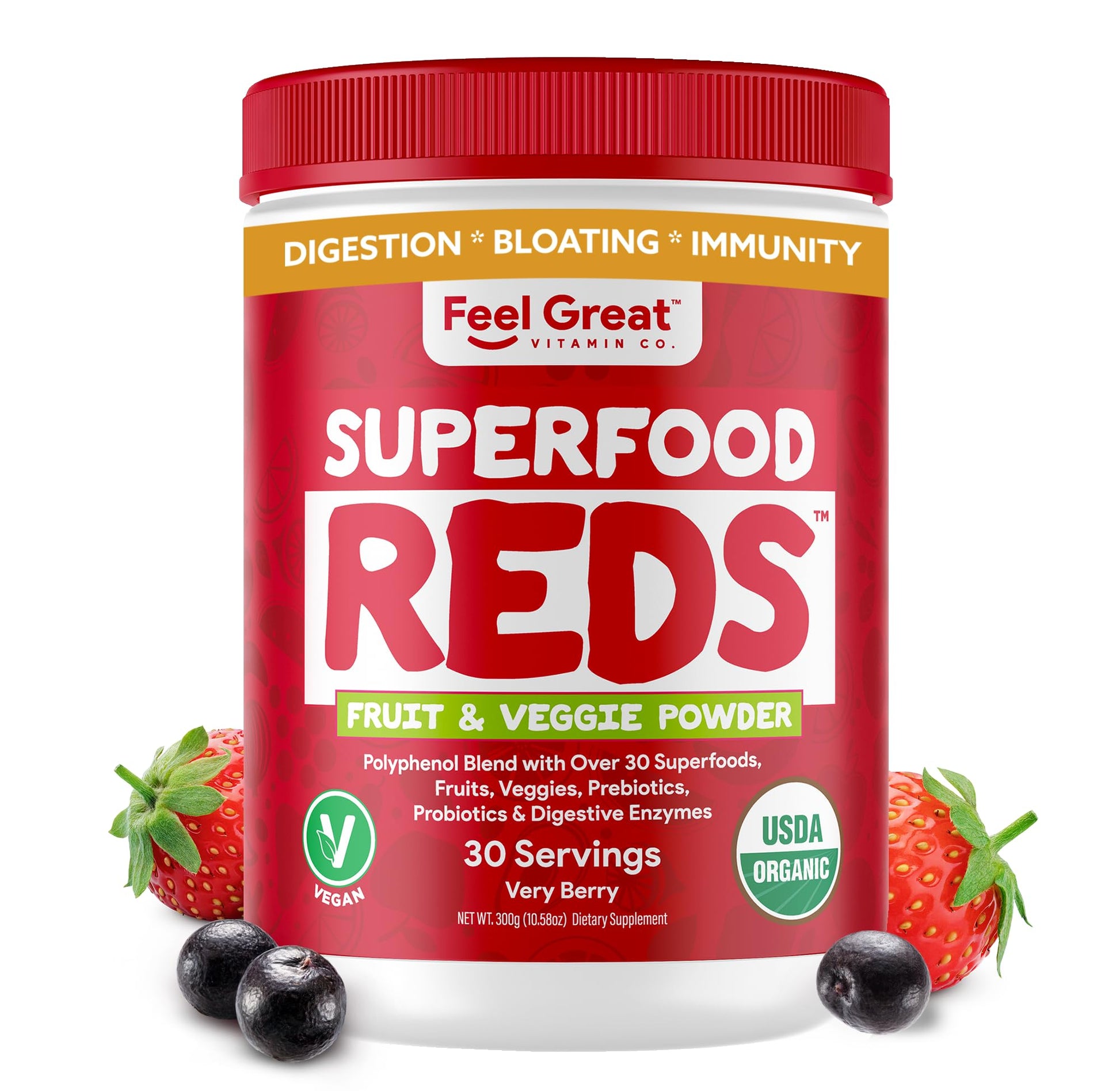 Feel Great Organic Superfood Reds Powder Packed with Beet Root Powder | Digestive Support Including Bloating Relief | Fruit and Veggie Polyphenols Supplement. The Feel Great Vitamin CompanyAu supplements
