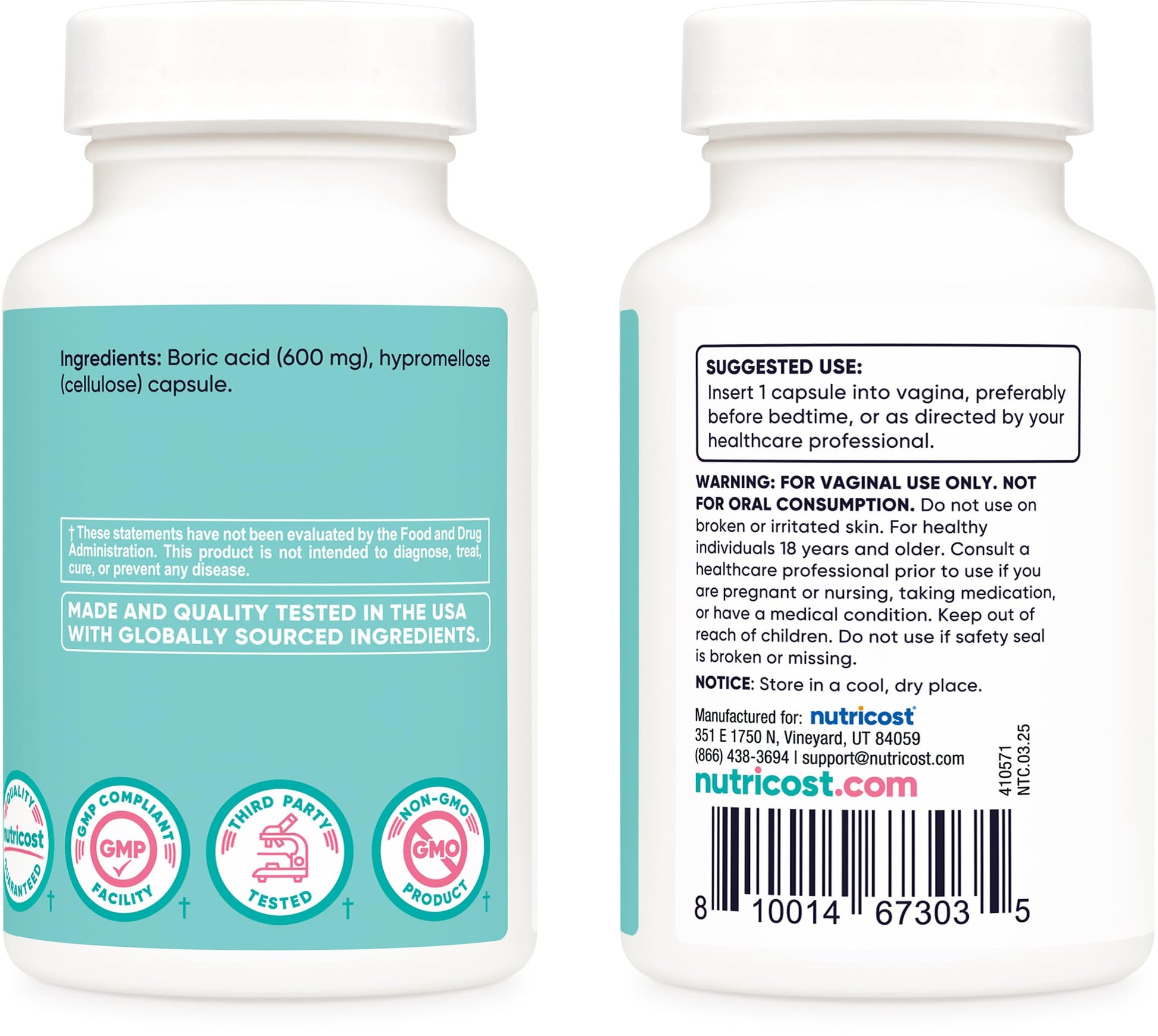 Nutricost Boric Acid 600mg, 30 Capsules - Vaginal Suppository - Non-GMO - for Women NutricostUS supplements