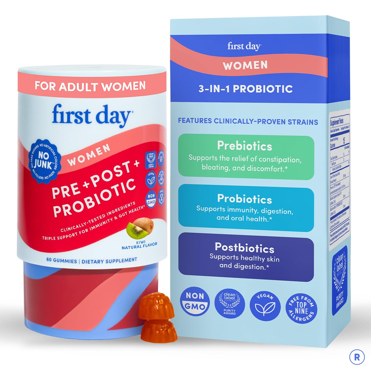 FIRST DAY Womens 3-in-1 Probiotic Gummies – Prebiotic + Probiotic + Postbiotic Supplement – Supports Digestive & Oral Health, Immune Function & Energy Levels – 30-Day Supply FIRST DAYAu supplements