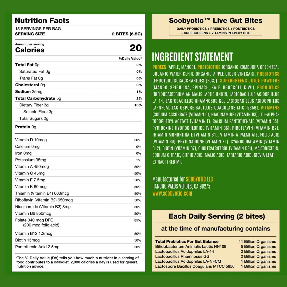 Scobyotic® Kombucha Supergreens Live Gut Bites – 10 Billion CFU Probiotics + Prebiotics & Postbiotics – Kombucha & Supergreens – Freeze-Dried Probiotic Supplement ScobyoticAu supplements