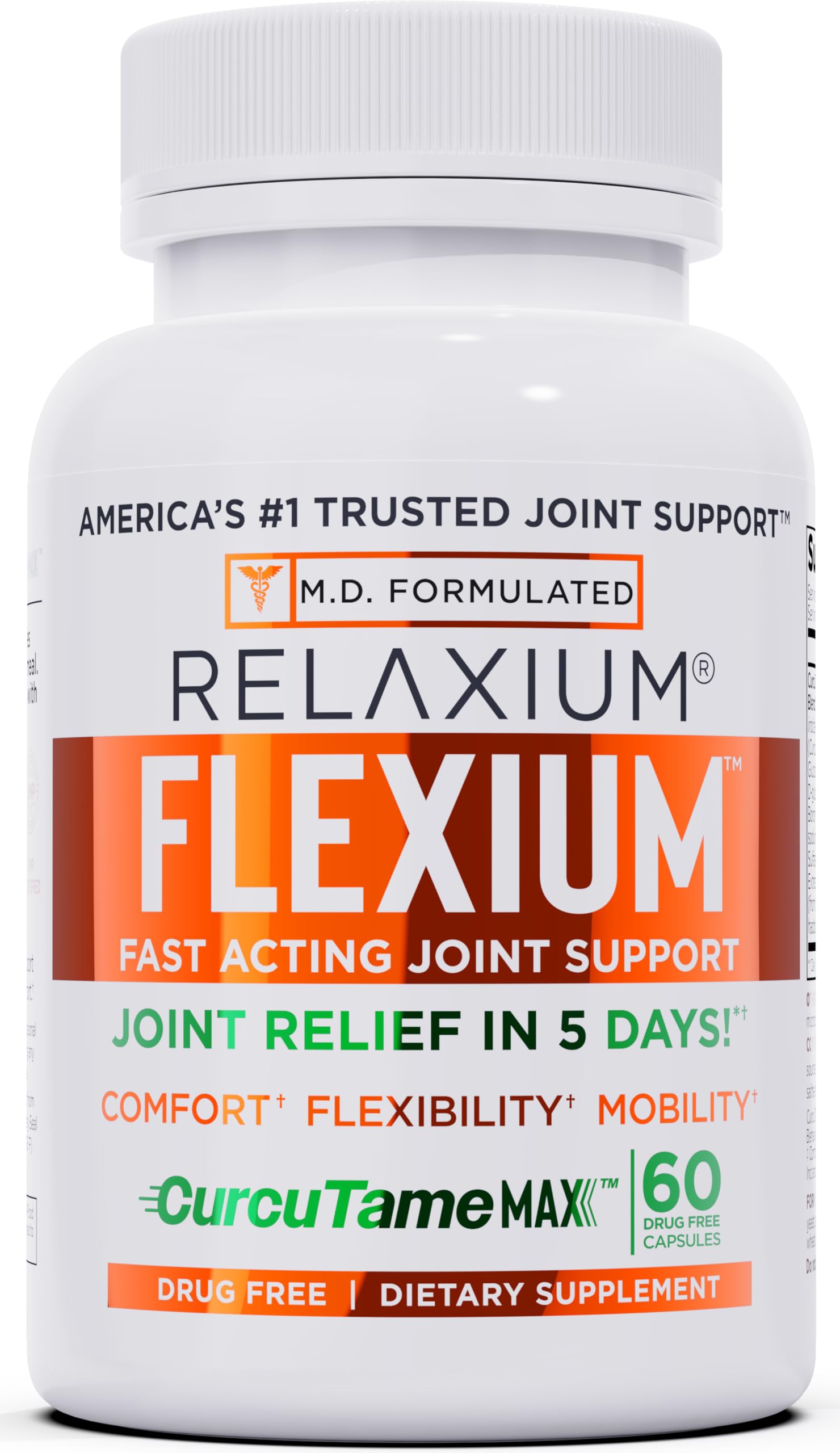 Relaxium Flexium Joint Support Supplement, Drug-Free, with CurcuTame Blend, Turmeric Supplement Formulated to Support Comfort and Mobility, 60 Capsules RelaxiumAu supplements