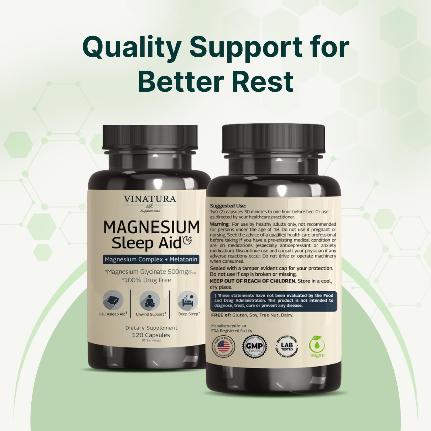 Magnesium Sleep Aid - Magnesium Glycinate Complex for Sleep with Melatonin Supplement - Glycinate 500mg, L-Theanine - 120 Capsules VINATURAAu supplements