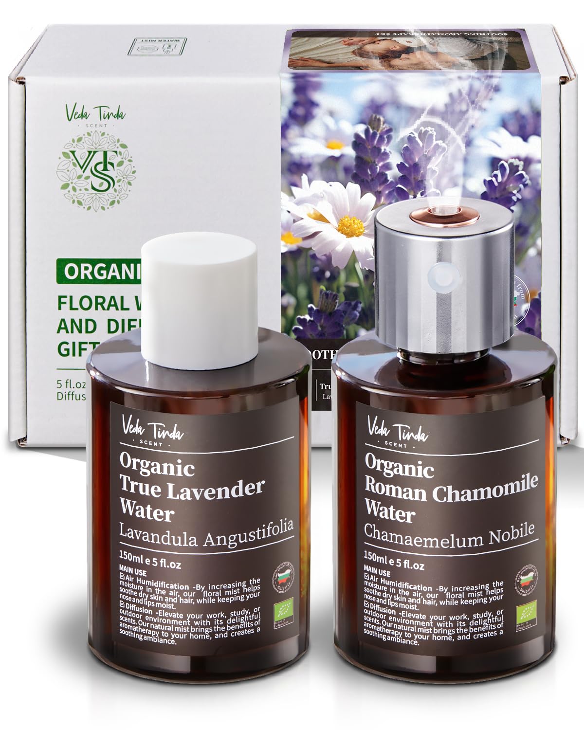 VTS Organic Lavender Water and Roman Chamomile Floral Water with Diffuser, Aromatherapy Air VEDA TINDA SCENTAu supplements