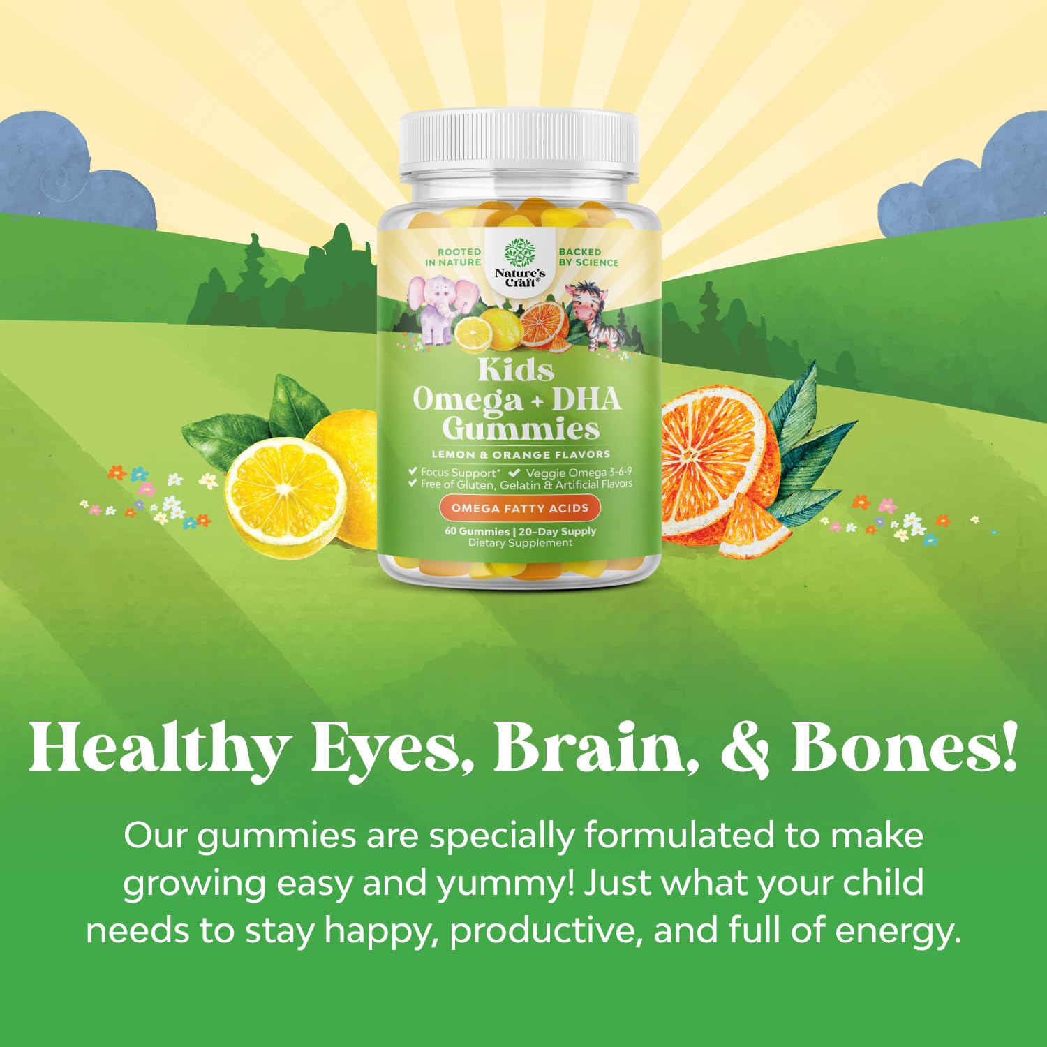 Bundle of Kids DHA Omega 3 Gummies - Fatty Acids Omega 3 6 9 for Brain Immune Strength Vision Focus Support and Liquid Multivitamin for Kids Immunity Support Natures CraftUS supplements