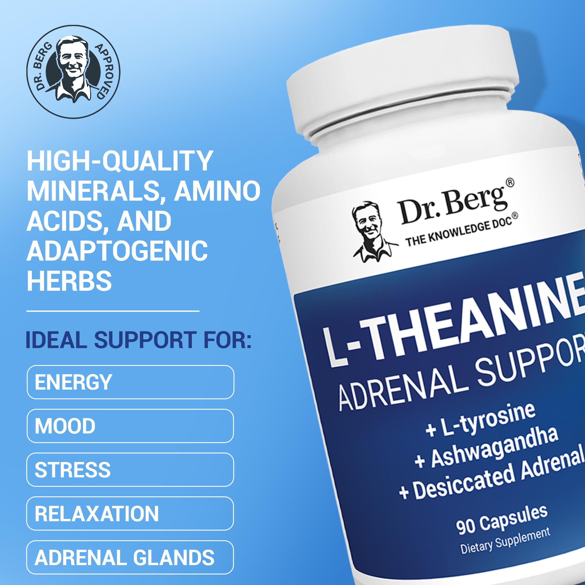 Dr. Berg L-Theanine 200mg - Includes Zinc, Copper, L-Tyrosine, & Ashwagandha – L-Theanine Supplement Adrenal Support - for Relaxation, Stress Relief, and Mental Clarity* – 90 Gelatin Capsules Dr. Berg NutritionalsAu supplements