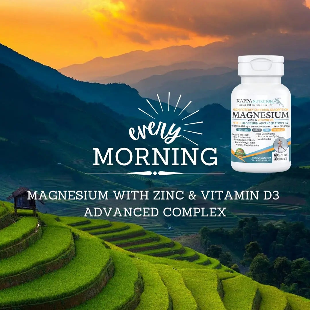 Kappa Nutrition Magnesium 4-in-1, 280mg Elemental Magnesium (Bisglycinate, Malate) + Zinc & Vitamin D3, Brain, Sleep, Energy, Muscle, Immune Support, 60 Vegan Capsules. KAPPA NUTRITIONnz supplements
