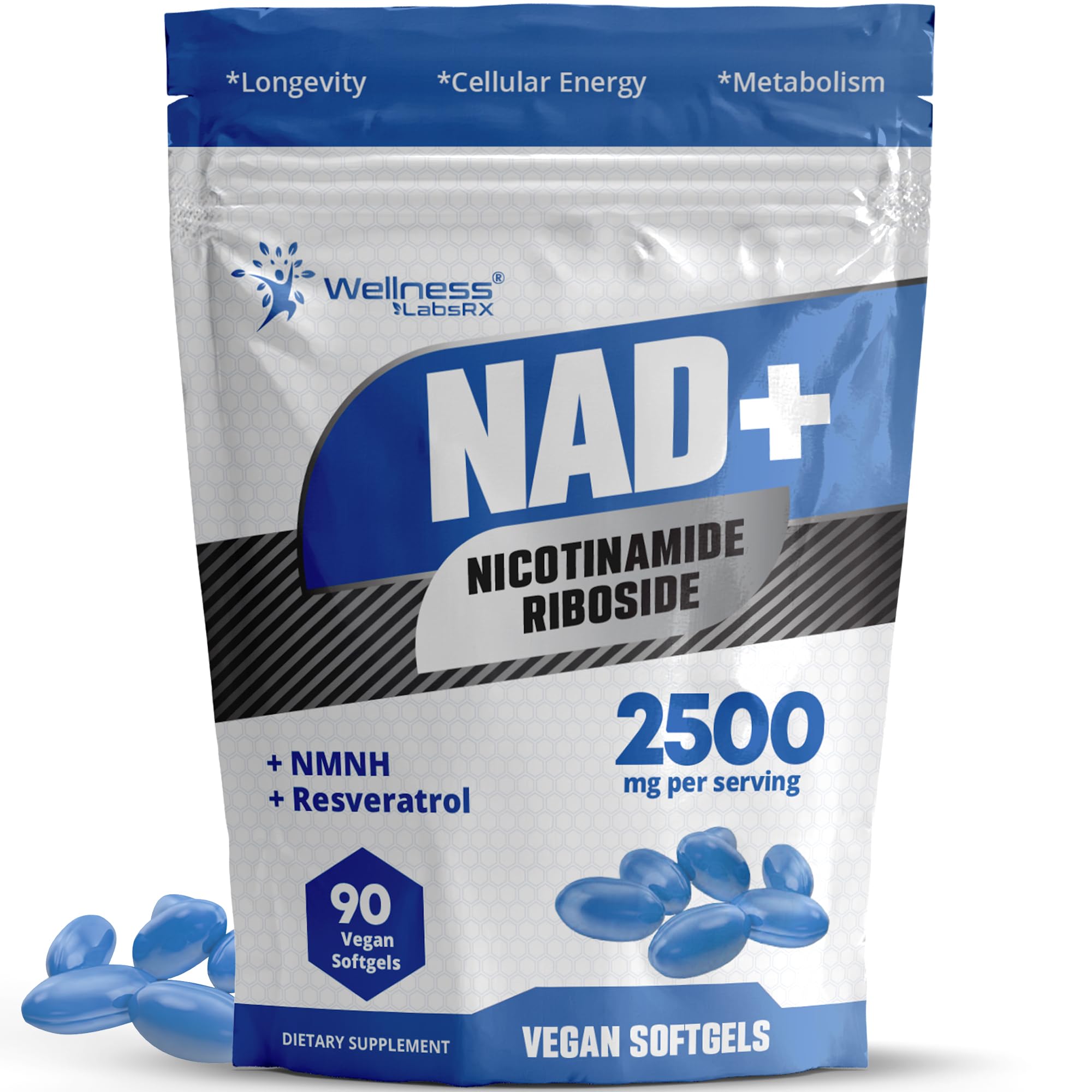 WELLNESS LABSRX NAD+ Supplement - Third-Party Tested NMNH Supplement Softgels, NAD Resveratrol 2500mg NAD Supplements for Anti-Aging, Longevity, and Cellular Health Support - Made in USA WELLNESS LABSRXAu supplements