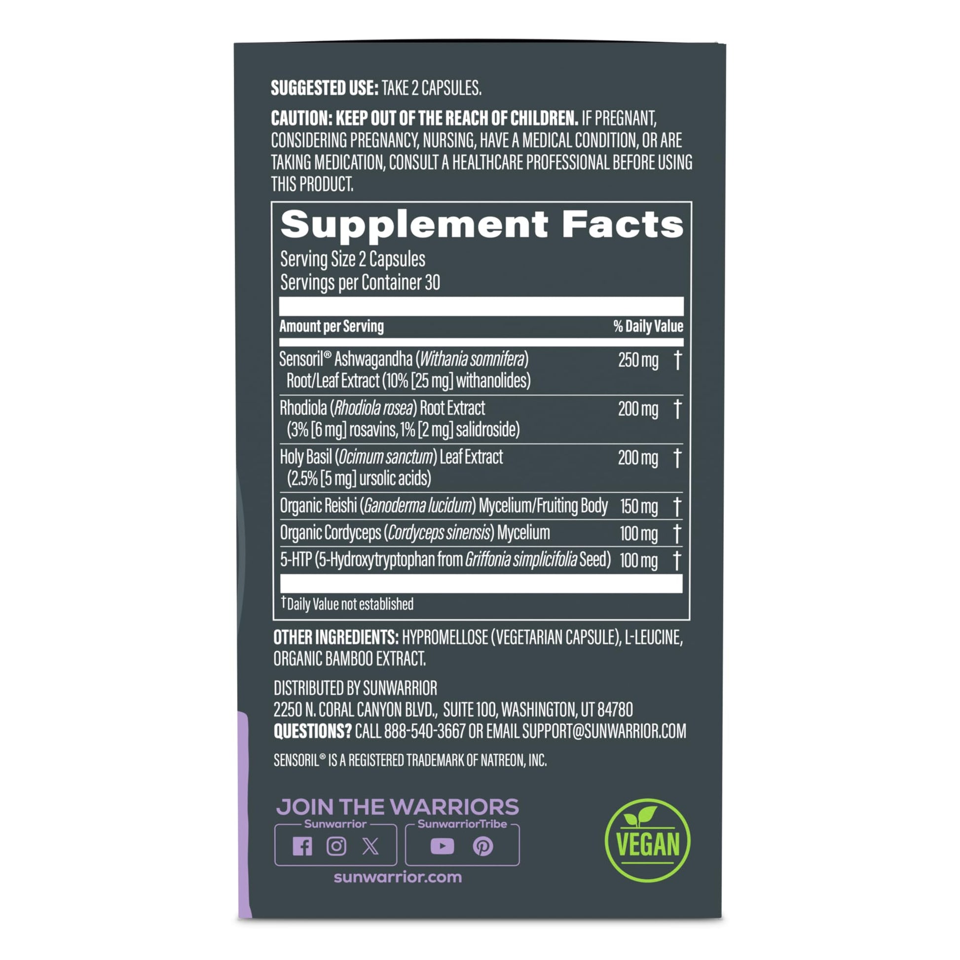 Ashwagandha, Rhodiola, Reishi & 5-HTP for Stress-Free Focus Active Focus & Balance Capsules Caffeine-Free Nootropic for Calm Energy & Mental Clarity, Mood & Immune Support 60 Vegan Capsules SunwarriorAu supplements