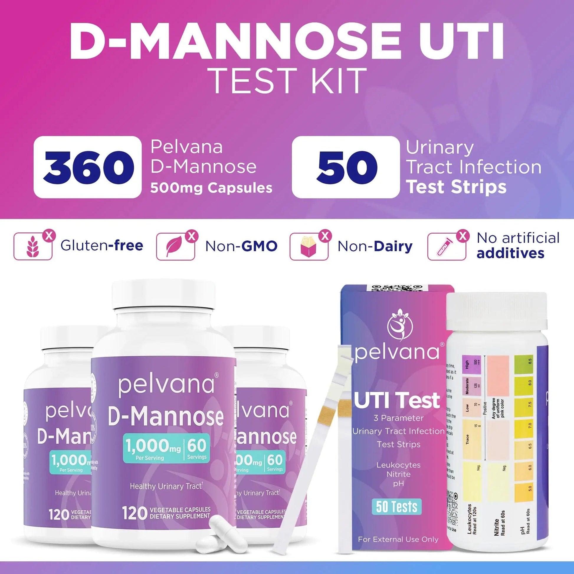 Pelvana D-Mannose UTI Kit for Women – UTI Test Strips & D-Mannose Supplement, At-Home Testing, Maintains Healthy Urinary Tract Balance, Flushes Impurities – 3 Bottles (120 Capsules) + 50 Test Strips PelvanaAu supplements
