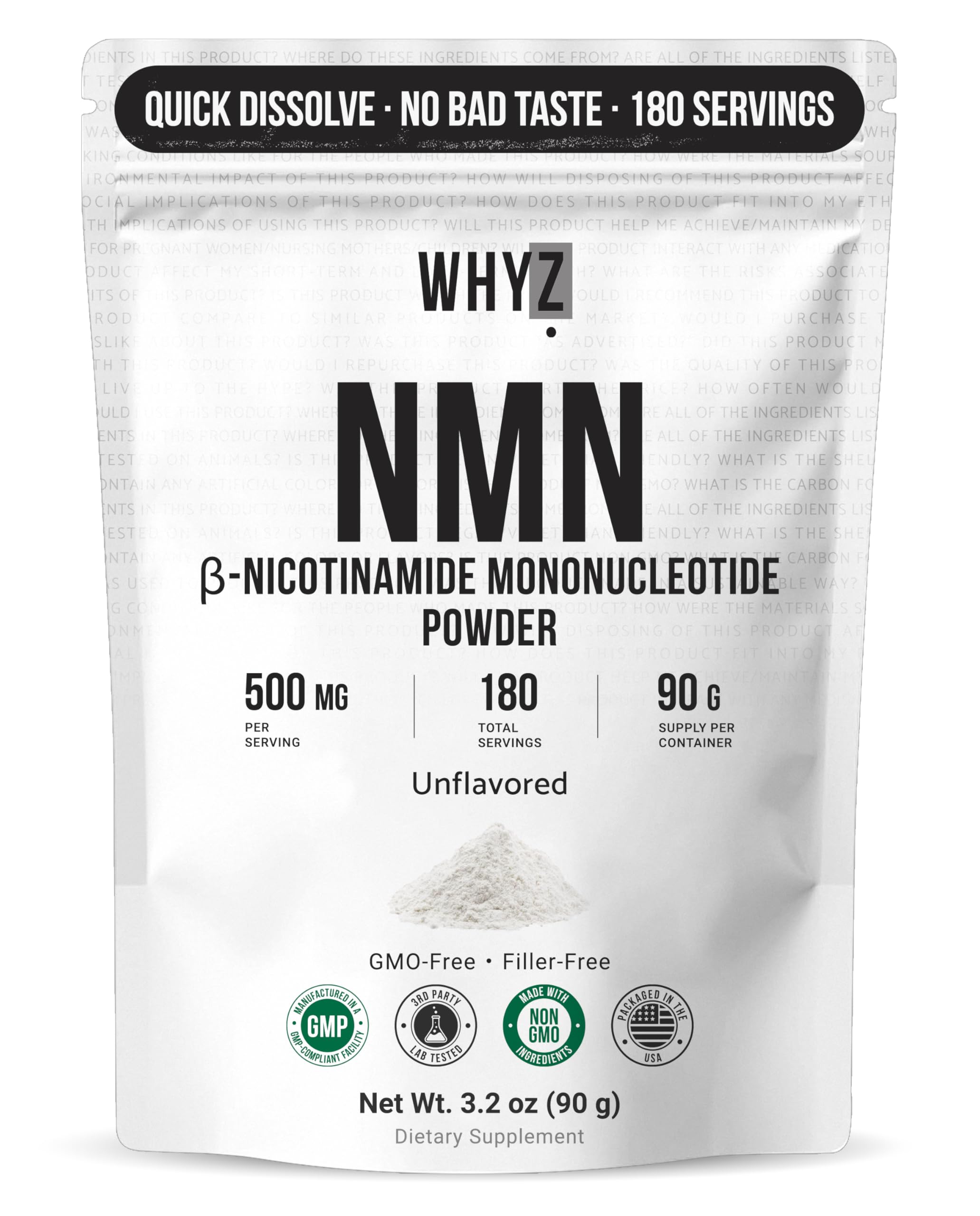Pure NMN Powder Nicotinamide Mononucleotide Quick Dissolved NMN Supplement Powder 100% Unflavored NMN Supplement Supports NAD+ Levels Vegan Friendly Non-GMO, 90g WHYZAu supplements
