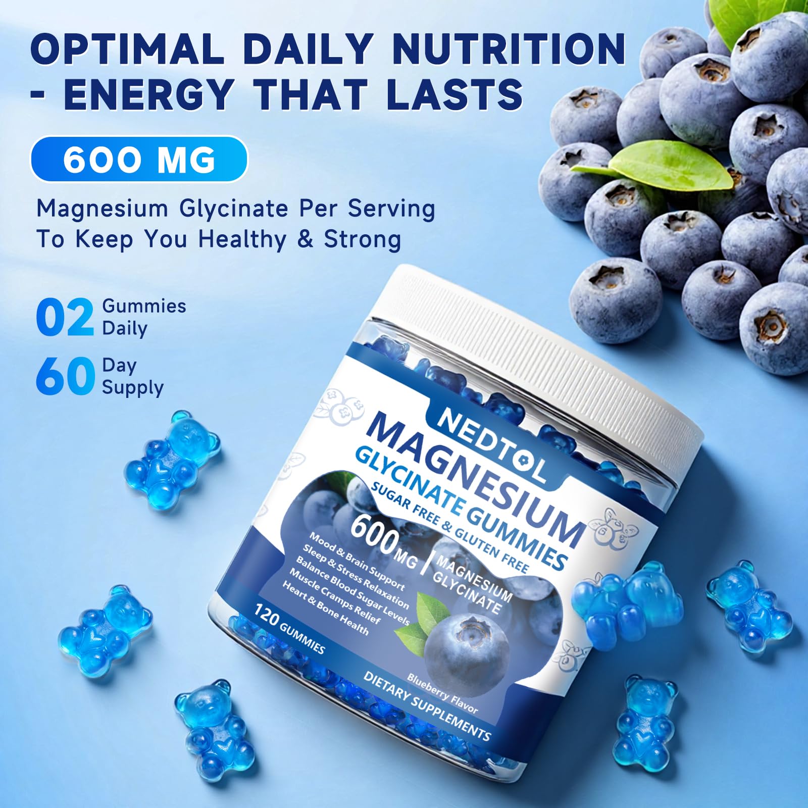 Nedtol Magnesium Glycinate Gummies 600mg, Sugar Free Magnesium Potassium Supplement for Adults with Magnesium L-Threonate, Vitamin D, B6,and CoQ10 for Sleep, Body Support and Relaxation,120 Count NedtolAu supplements