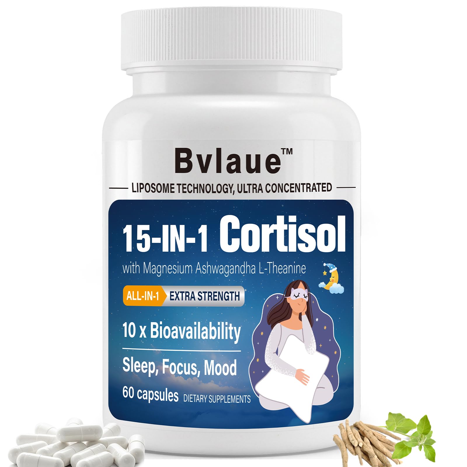 Bvlaue Cortisol Supplements for Women & Men - 15-in-1 Cortisol Reducer Manager Lower w/Ashwagandha,Magnesium,L-Theanine/Saffron Vitamin B6 & B12,60 Vegan CT for Stress Relief Sleep,Mood,Non-GMO BvlaueAu supplements