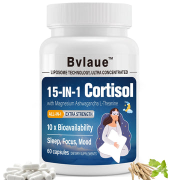 Bvlaue Cortisol Supplements for Women & Men - 15-in-1 Cortisol Reducer Manager Lower w/Ashwagandha,Magnesium,L-Theanine/Saffron Vitamin B6 & B12,60 Vegan CT for Stress Relief Sleep,Mood,Non-GMO BvlaueAu supplements