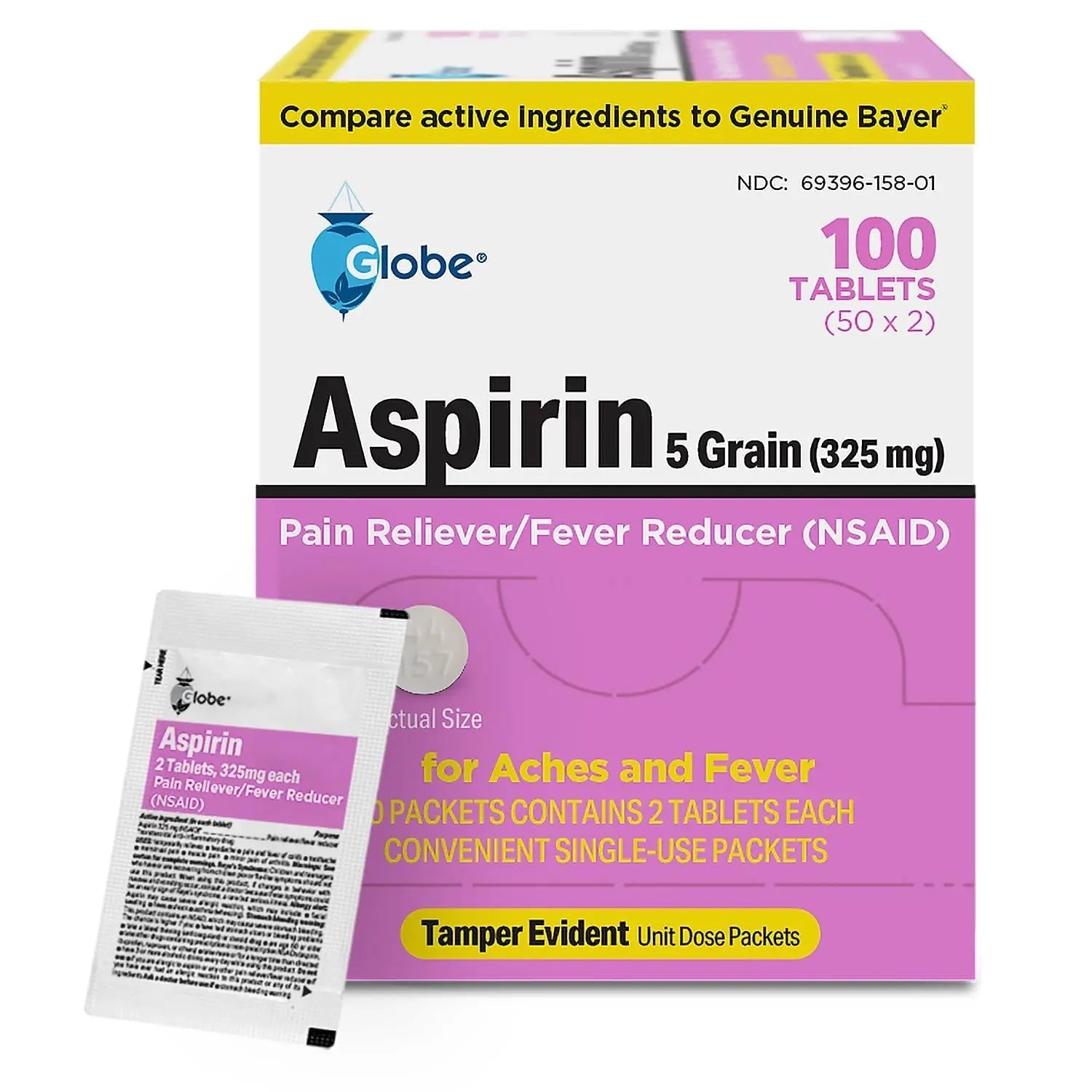 Globe Aspirin Tablets, 325 mg - 100 Count, Single Use Packets, NSAID Pain Relief, Pain Reliever & Fever Reducer, Arthritis Pain Relief, Headache Relief, Migraine Medicine Aspirin Pain Reliever. GlobeAu supplements