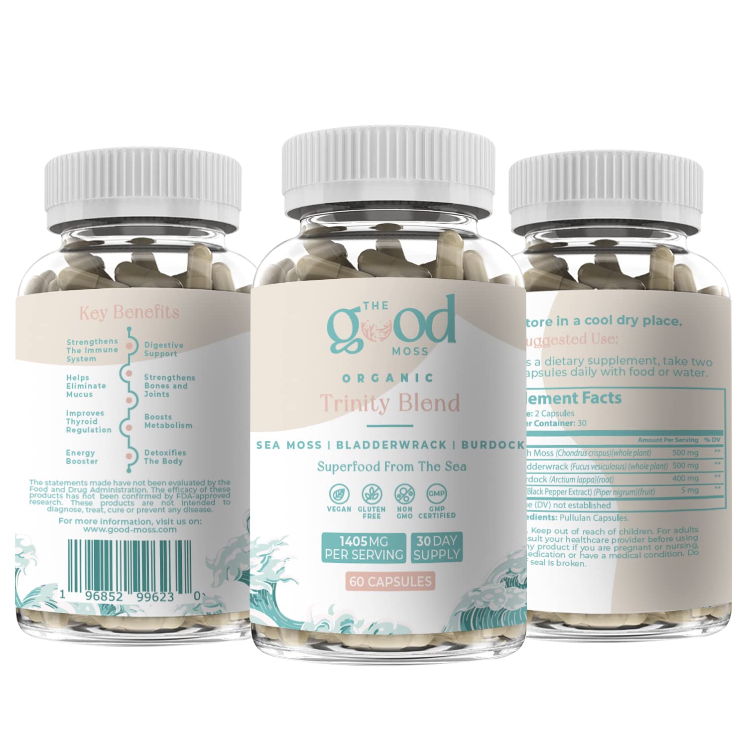 Trinity Blend Superfood -Sea Moss, Bladderwrack and Burdock Root Supplement for Overall Health Support, Hair, Skin and Nails 60ct The Good MossAu supplements