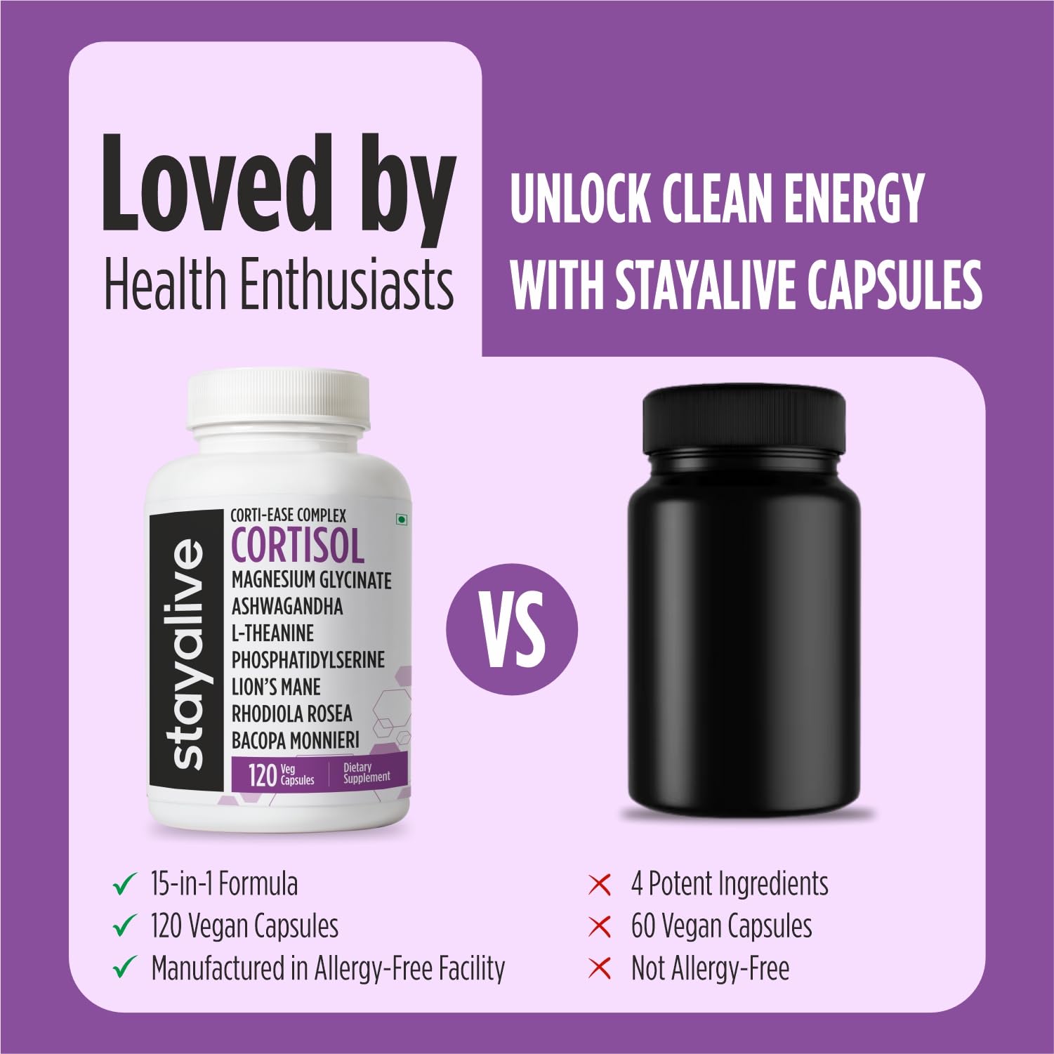 STAY ALIVE Cortisol Manager Supplement 15-in-1 Complex w/L-Theanine, Ashwagandha, Magnesium Glycinate, Phosphatidylserine and More, 120 Veg Capsules, Non-GMO & Gluten-Free Formula for Women and Men STAY ALIVEAu supplements