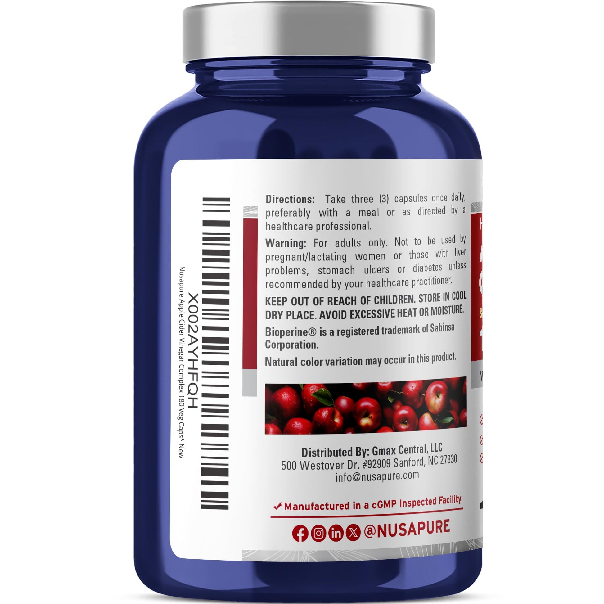 NusaPure Apple Cider Vinegar Complex 1500 mg 180 Veg Caps Suitable for Vegetarians and Vegans, Non-GMO NusaPureAu supplements