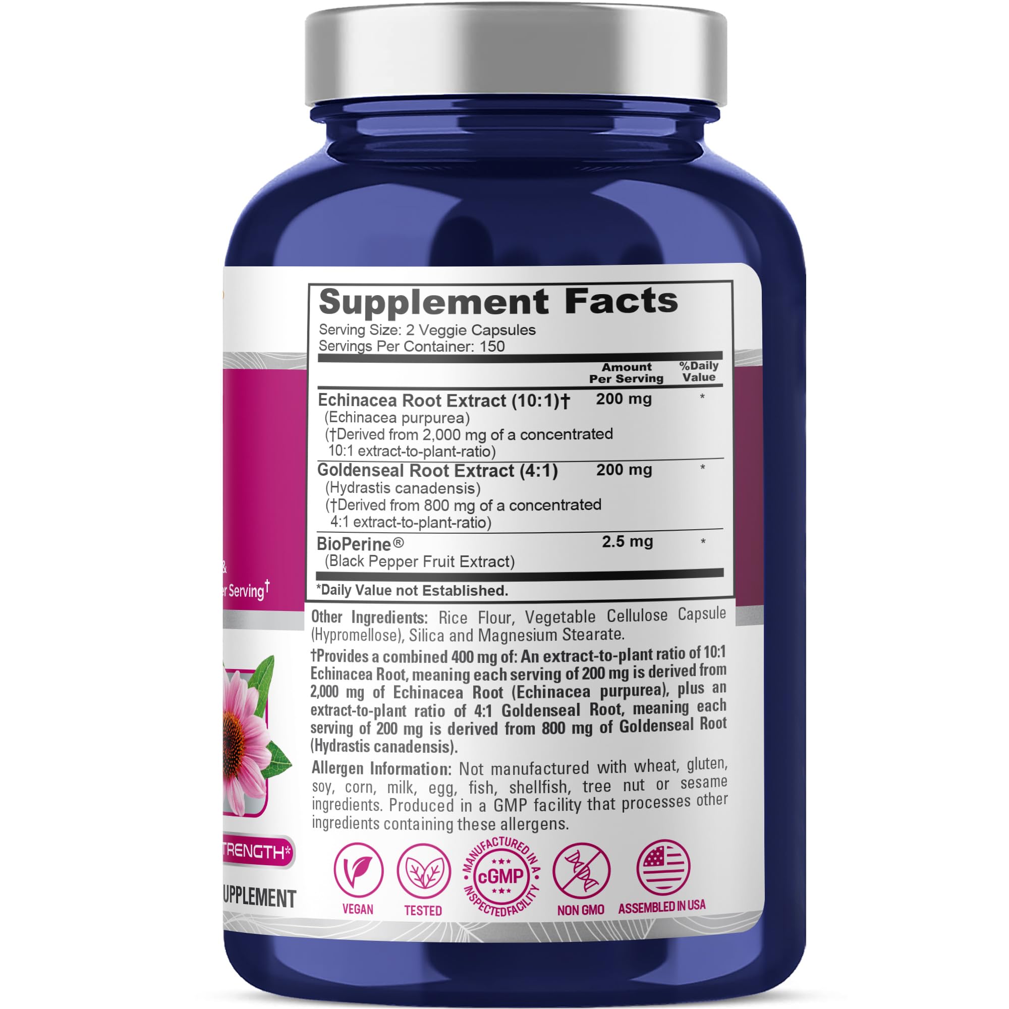 NusaPure Echinacea Goldenseal 200mg, (Extract 10:1, Equivalent to 2,000mg), 200mg, (Extract 4:1, Equivalent to 800mg) - 2800mg 300 Veggie Caps (Vegetarian, Non-GMO, Vegan) NusaPureAu supplements