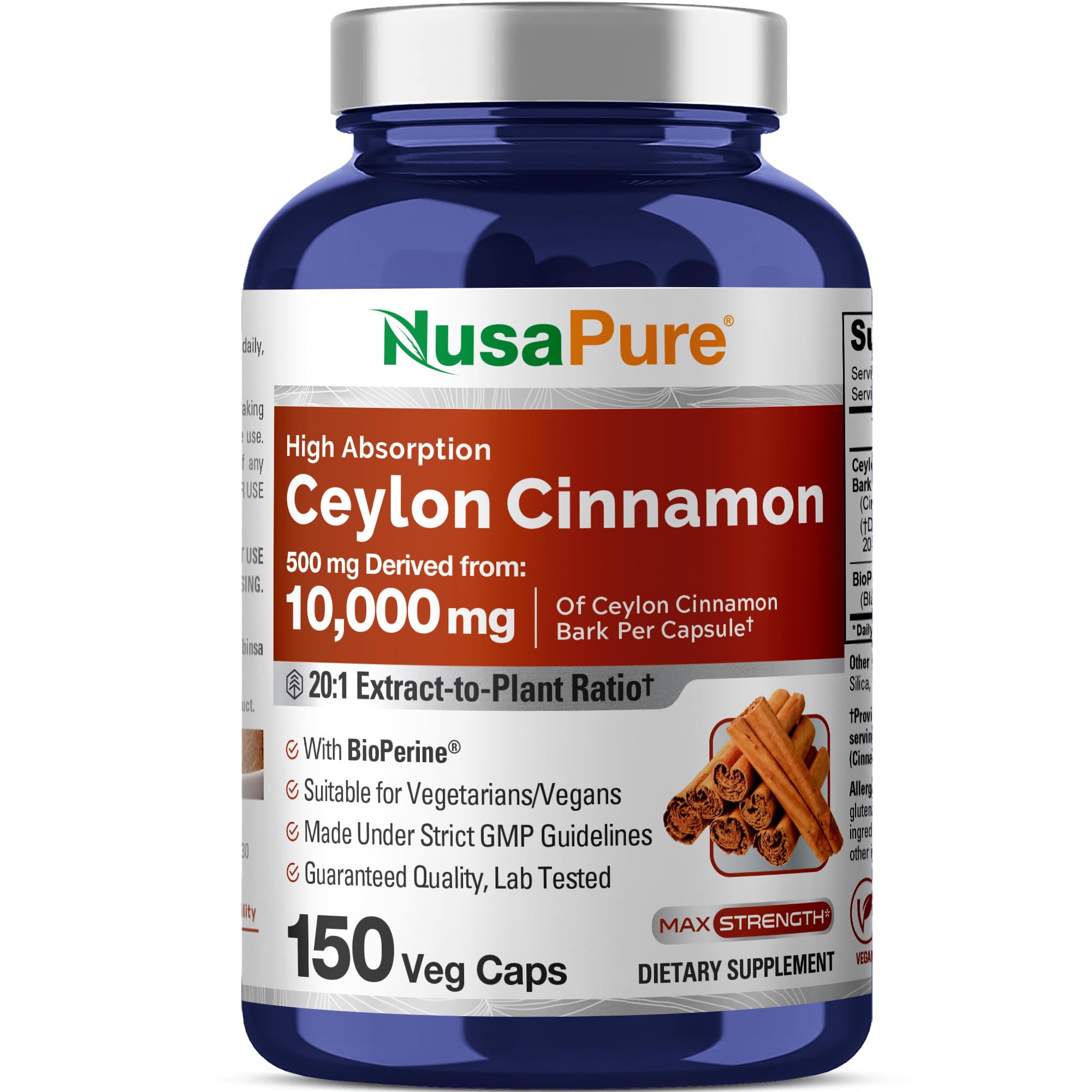 NusaPure Ceylon Cinnamon20:1 Extract, 500 mg Equivalent to 10,000 mg Per Caps | 150 Veggie Capsules | Non-GMO, Vegan with Bioperine NusaPureAu supplements