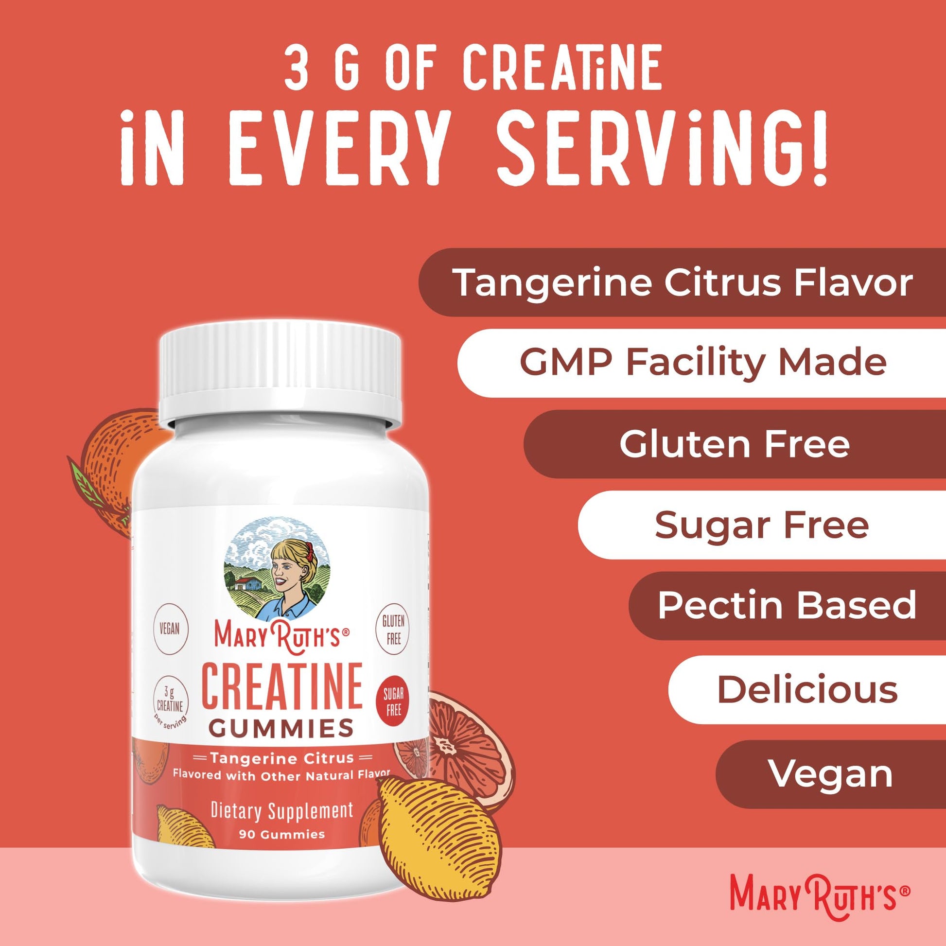 MaryRuth's Creatine Gummies | Creatine Monohydrate Gummies | 3g Creatine Per Serving | Creatine for Women & Men | Tangerine Citrus Flavor | Exercise | Workout | Sugar Free | Vegan | 90 Count MARYRUTH'SAu supplements