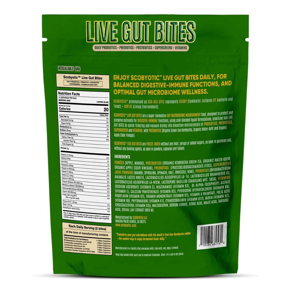 Scobyotic® Kombucha Supergreens Live Gut Bites – 10 Billion CFU Probiotics + Prebiotics & Postbiotics – Kombucha & Supergreens – Freeze-Dried Probiotic Supplement ScobyoticAu supplements
