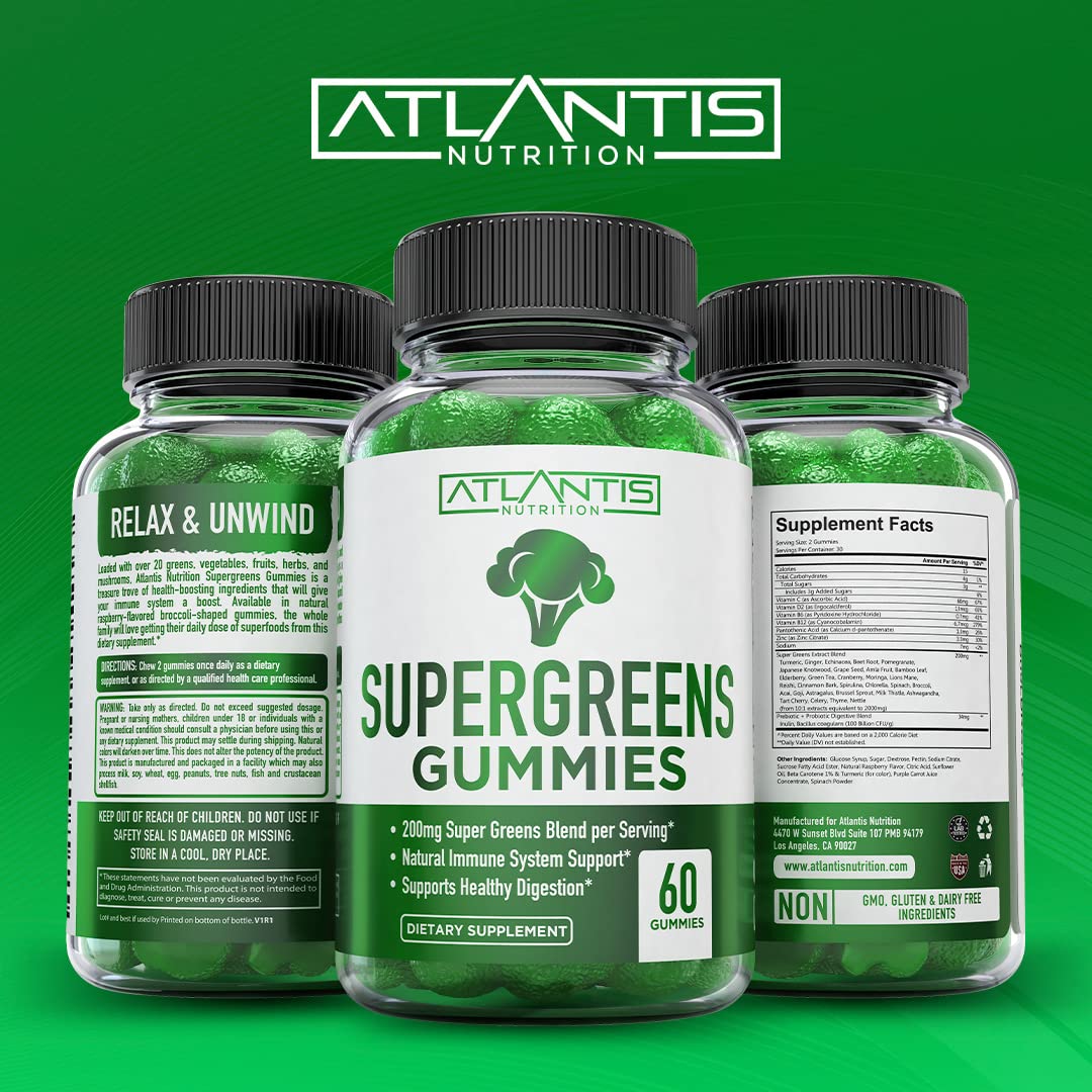 Atlantis Nutrition Supergreens Gummies - Daily Green Superfoods Supplement with Spinach, Broccoli, Moringa, Beet Root, Celery, Green Tea, & Acai for Immunity Support - Natural Raspberry Flavor, 60 cnt Atlantis NutritionAu supplements