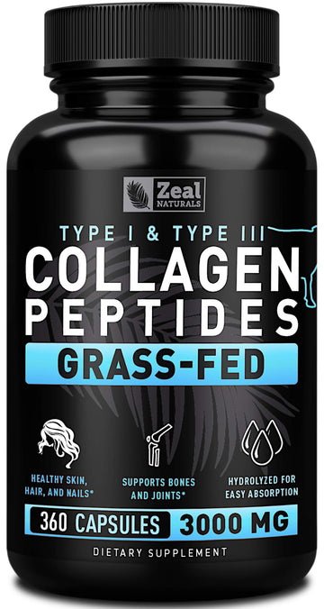 Zeal Naturals Collagen Peptides Collagen Pills (360 Capsules) Grass Fed Collagen Pepetide Powder - Hydrolyzed Collagen Powder for JointTendon SupplementHair Skin and Nails - Zeal NaturalsAu supplements