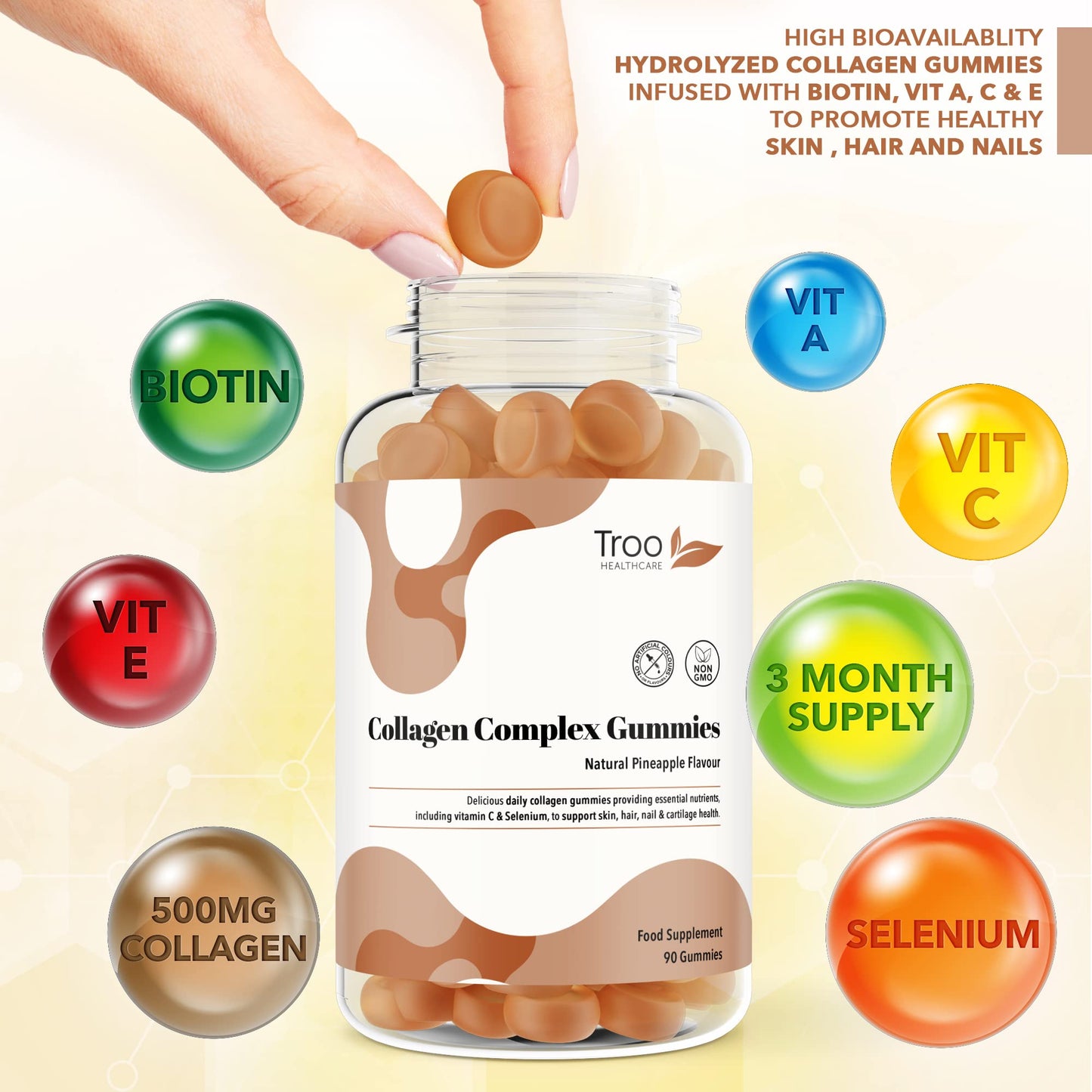 Hydrolysed Collagen Complex - 90 Natural Pineapple Flavour Chewable Gummies - One Per Day with Biotin, Vitamin C and Selenium Troo Health CareUS supplements