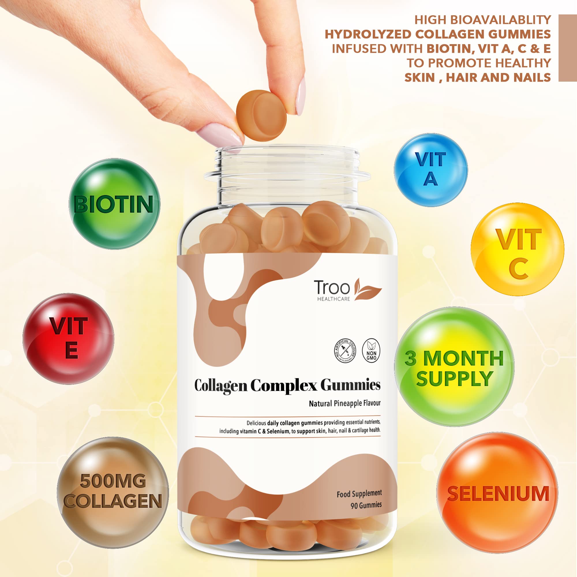 Hydrolysed Collagen Complex - 90 Natural Pineapple Flavour Chewable Gummies - One Per Day with Biotin, Vitamin C and Selenium Troo Health CareAu supplements