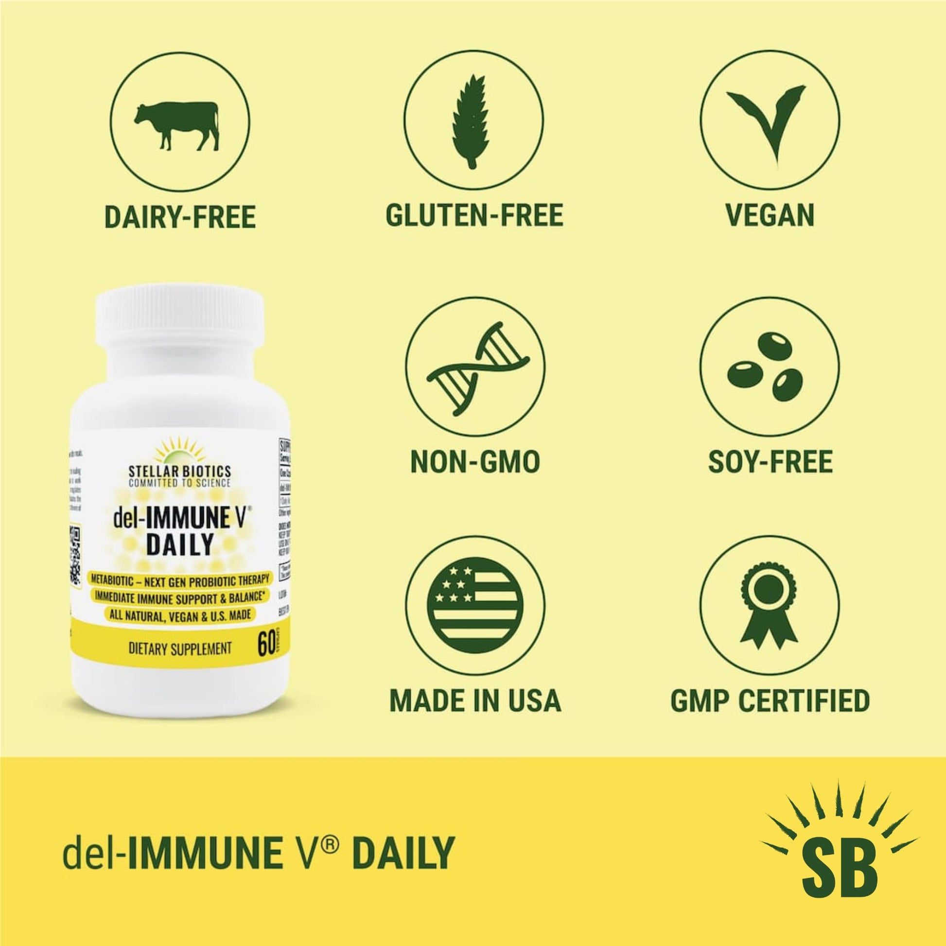 Del-Immune V Daily by Stellar Biotics, All-Natural Immune Support & Gut Health, Immediate Care, Metabiotic: NextGen Probiotic Therapy (60 Caps) Del-Immune VAu supplements
