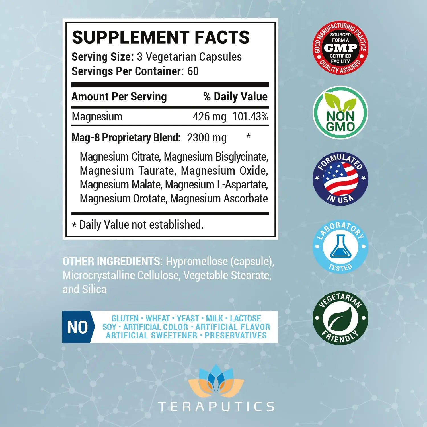 8 in 1 Magnesium Complex for Women & Men 426mg | 180 Vegan Capsules | MAG-8 Blend: Citrate, Bisglycinate, Malate, & More | Non-GMO Magnesio Complex Supplement | Provides 100% Daily Recommended Value Teraputicsnz supplements