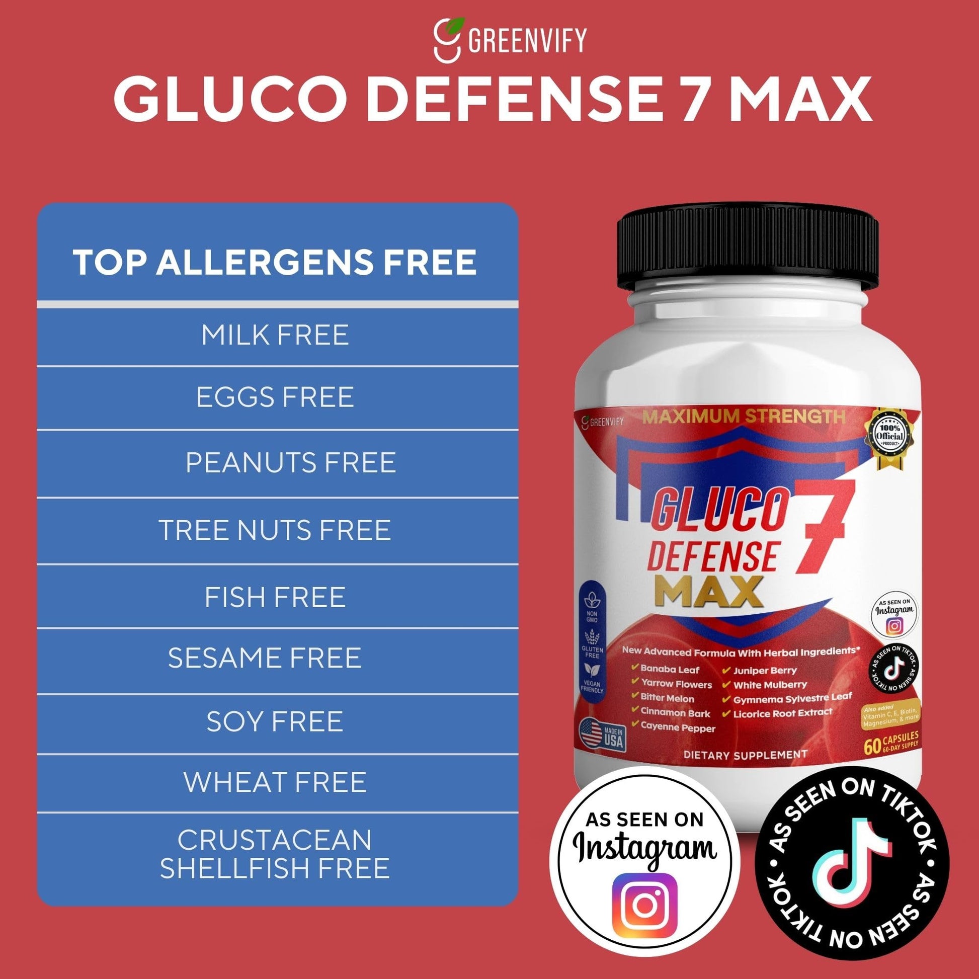 GREENVIFY Gluco Defense 7 Max, Maximum Strength Dietary Supplement, 60 Capsules, with Banaba Leaf, Juniper Berry, Yarrow Flowers (1) GREENVIFYAu supplements