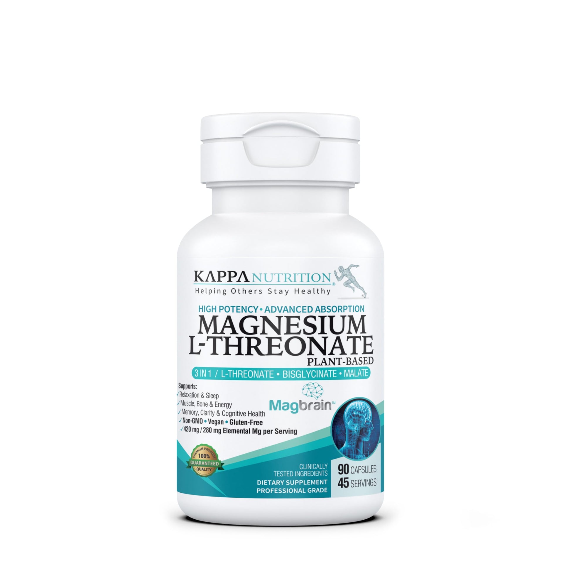 Kappa Nutrition Powered by Magbrain™ Magnesium L-Threonate Plant-Based, 90 Vegan Capsules, 420mg Elemental Magnesium (3 Capsules) from 2,253mg, Brain, Sleep & Muscle Support. KAPPA NUTRITIONAu supplements