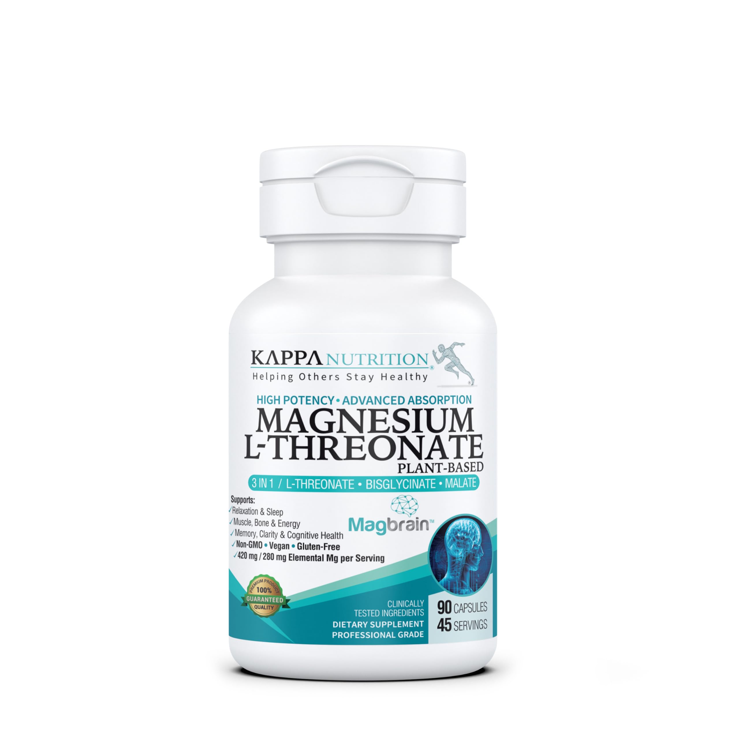 Kappa Nutrition Powered by Magbrain™ Magnesium L-Threonate Plant-Based, 90 Vegan Capsules, 420mg Elemental Magnesium (3 Capsules) from 2,253mg, Brain, Sleep & Muscle Support. KAPPA NUTRITIONAu supplements