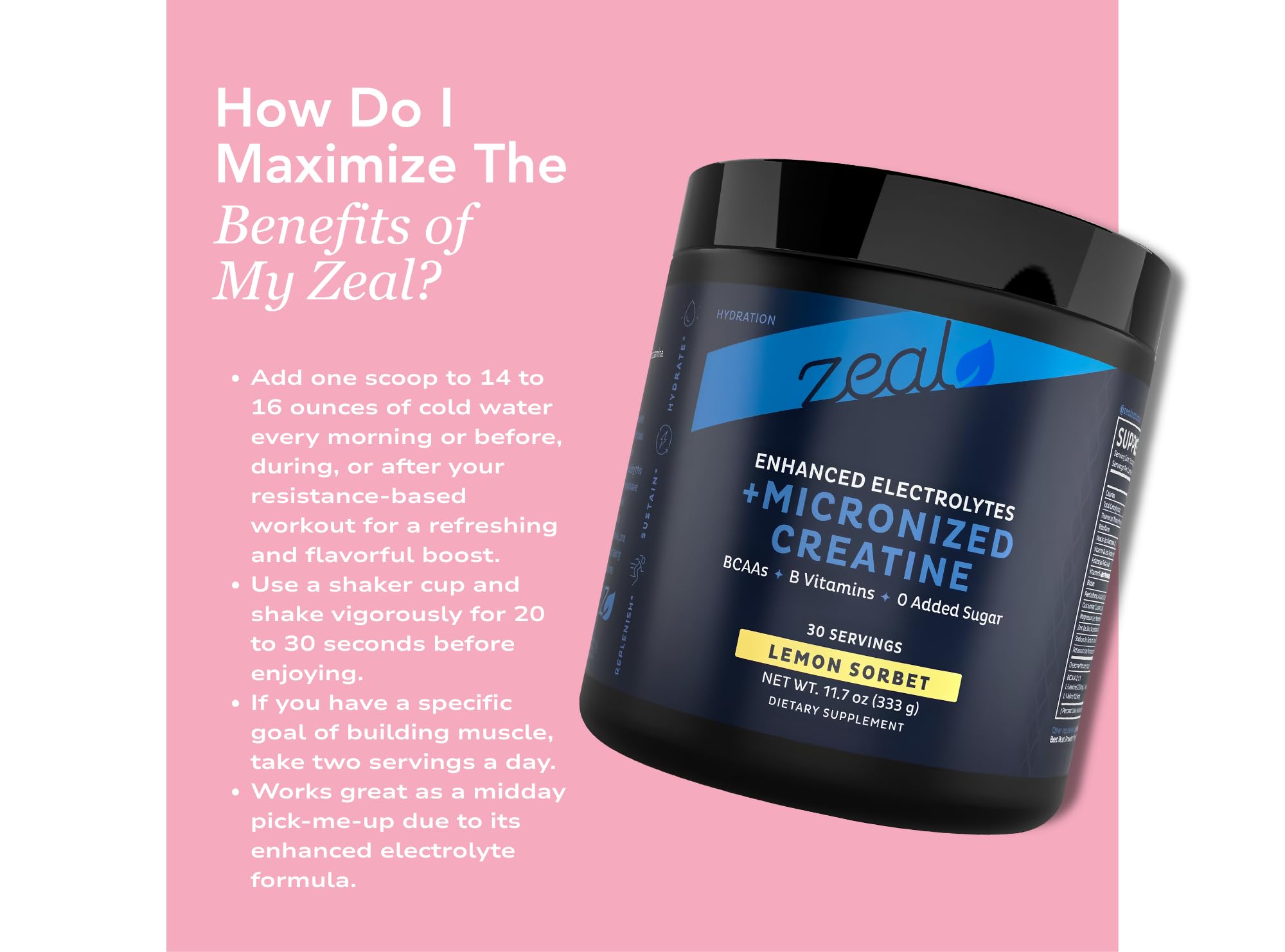 Zeal Naturals Creatine with Electrolytes & Brain Health Nootropics - 30 Servings | Women's Support for Energy, Strength, Focus, & Hydration with B Vitamins | Lemon Sorbet | Zero Sugar No Bloat Formula Zeal NaturalsAu supplements