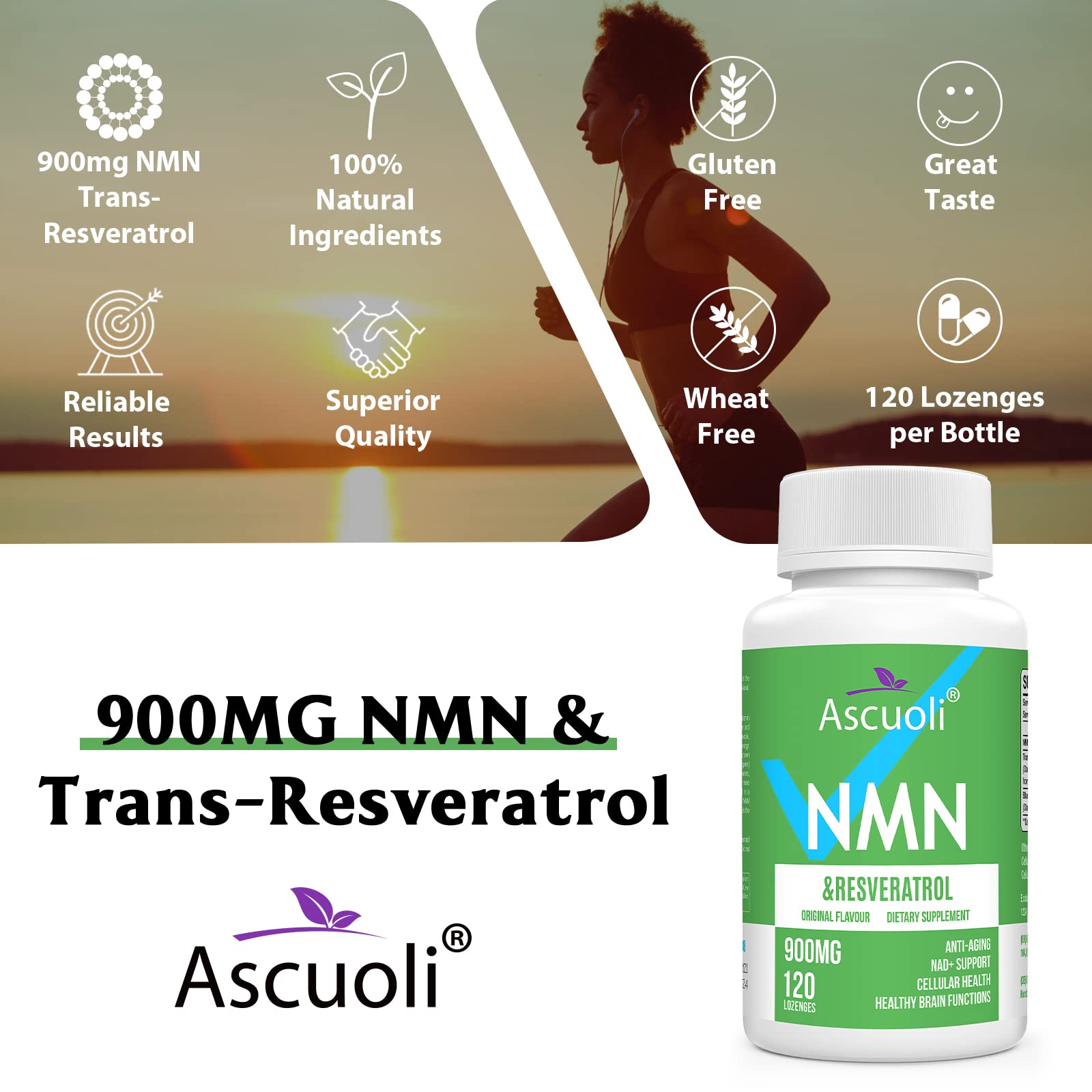 Sublingual NMN 500mg + Trans-Resveratrol 400mg, 3-in-1 Advanced Formula 99% Pure NMN Resveratrol Supplement for Boost* NAD, Cell, Immune, Energy & Muscle, Anti-Aging, 120 Lozenges (120-Day Supply) AscuoliAu supplements