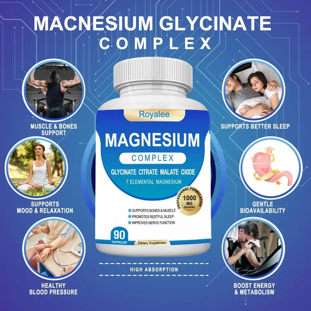 Magnesium Complex Supplement - 1000mg with 7 Magnesium Forms Including Glycinate, Citrate, Malate, Taurate & Orotate - Supports Relaxation, Muscle Function & Bone Strength - 90 Capsules Royaleenz supplements
