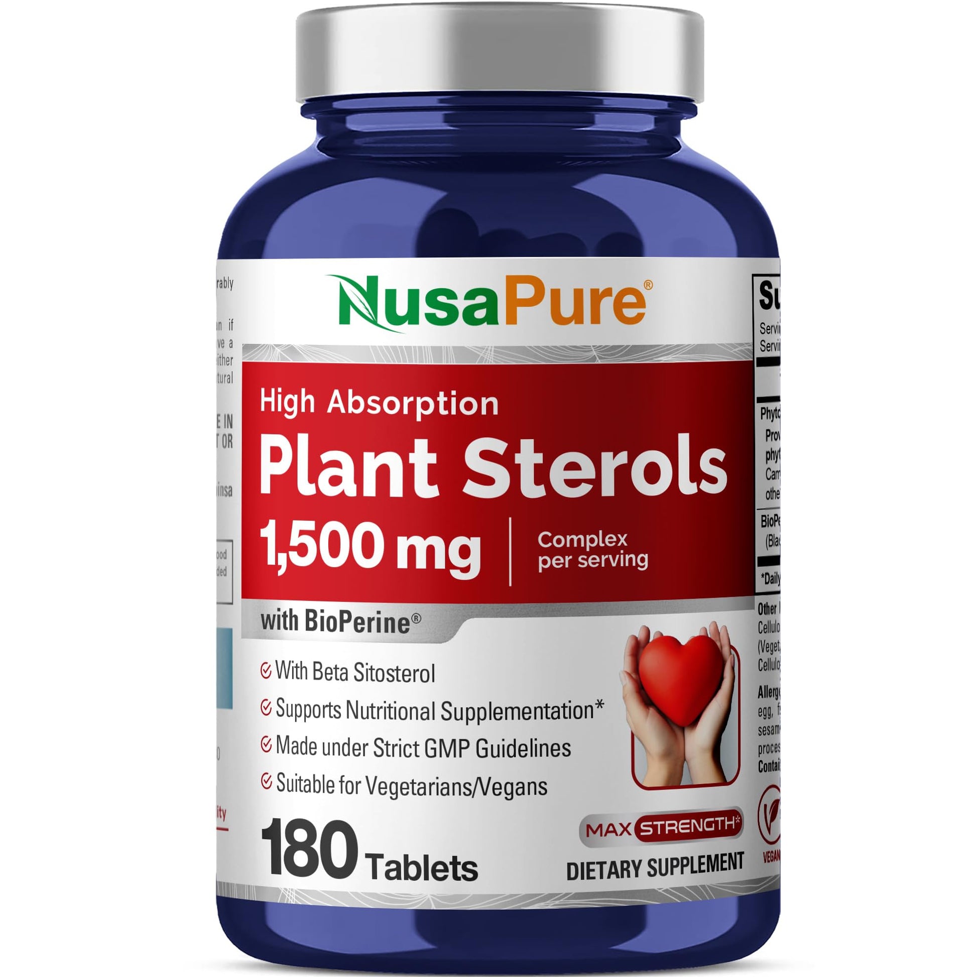 NusaPure Plant Sterols 1500 mg - 180 Tablets (Non-GMO, Vegan) Beta Sitosterol, Bioperine NusaPureAu supplements
