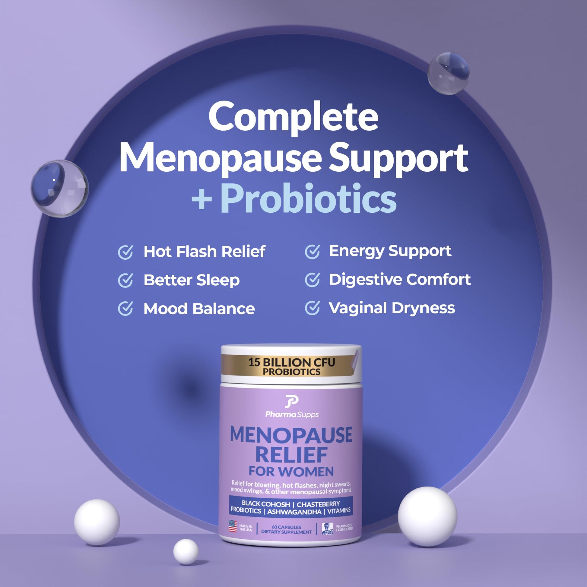 Natural Menopause Supplements for Women - Perimenopause Supplements for Hormonal Balance, Bloating & Mood Swings | Hot Flashes Menopause Relief w/Probiotics & Prebiotics, Black Cohosh & Chasteberry PharmaSuppsAu supplements