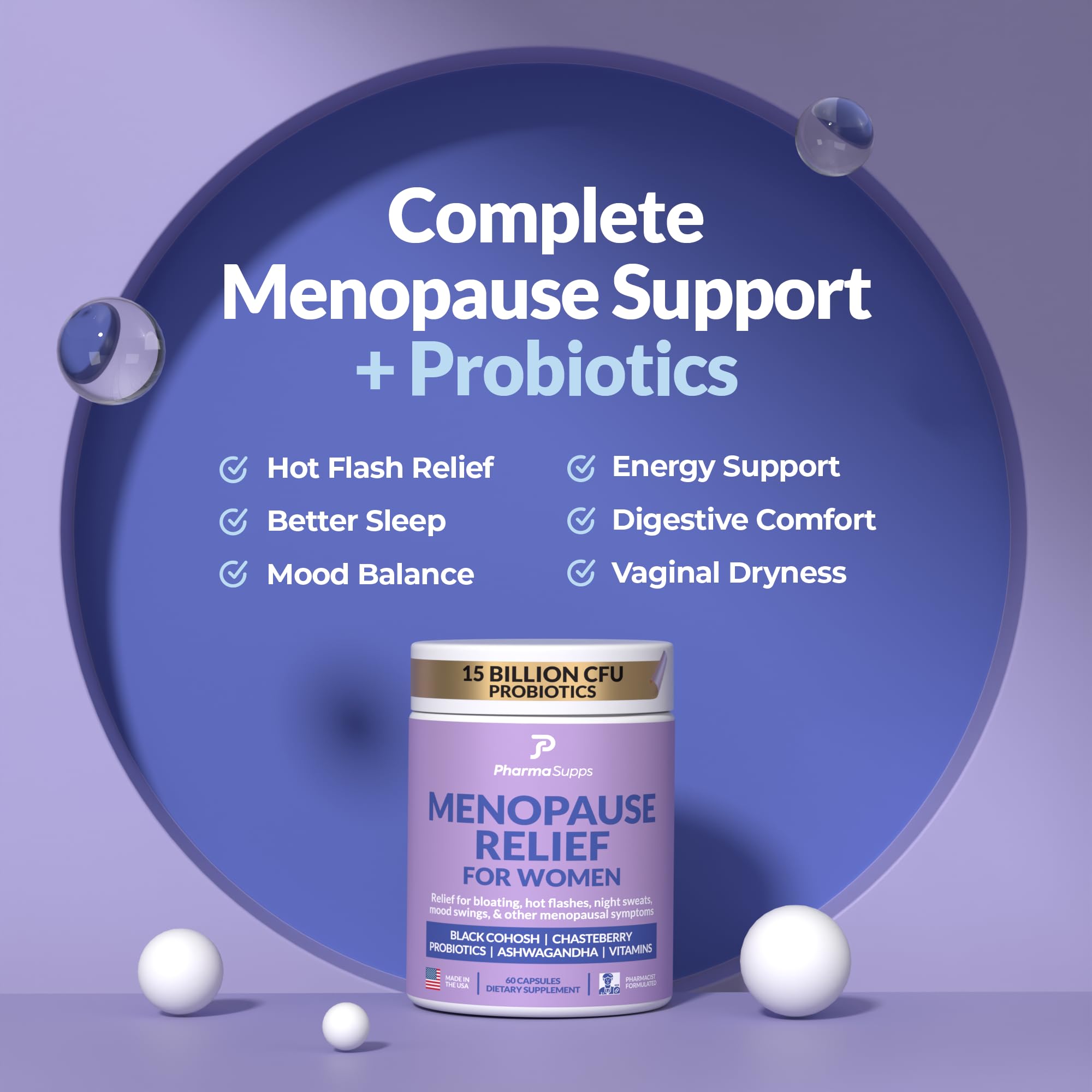 Natural Menopause Supplements for Women - Perimenopause Supplements for Hormonal Balance, Bloating & Mood Swings | Hot Flashes Menopause Relief w/Probiotics & Prebiotics, Black Cohosh & Chasteberry PharmaSuppsAu supplements