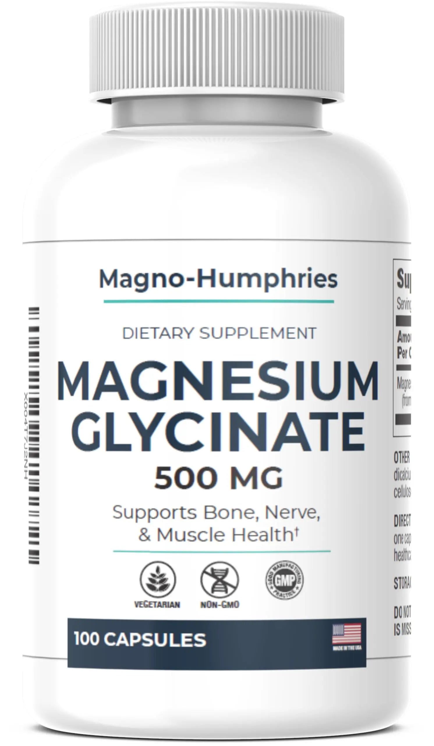 Magno-Humphries Magnesium Glycinate 500 mg - 100 Capsules | Gentle Chelated Form | Muscle, Nerve & Bone Support | Dietary Supplement | GMP Manufactured in The USA Magno-HumphriesAu supplements