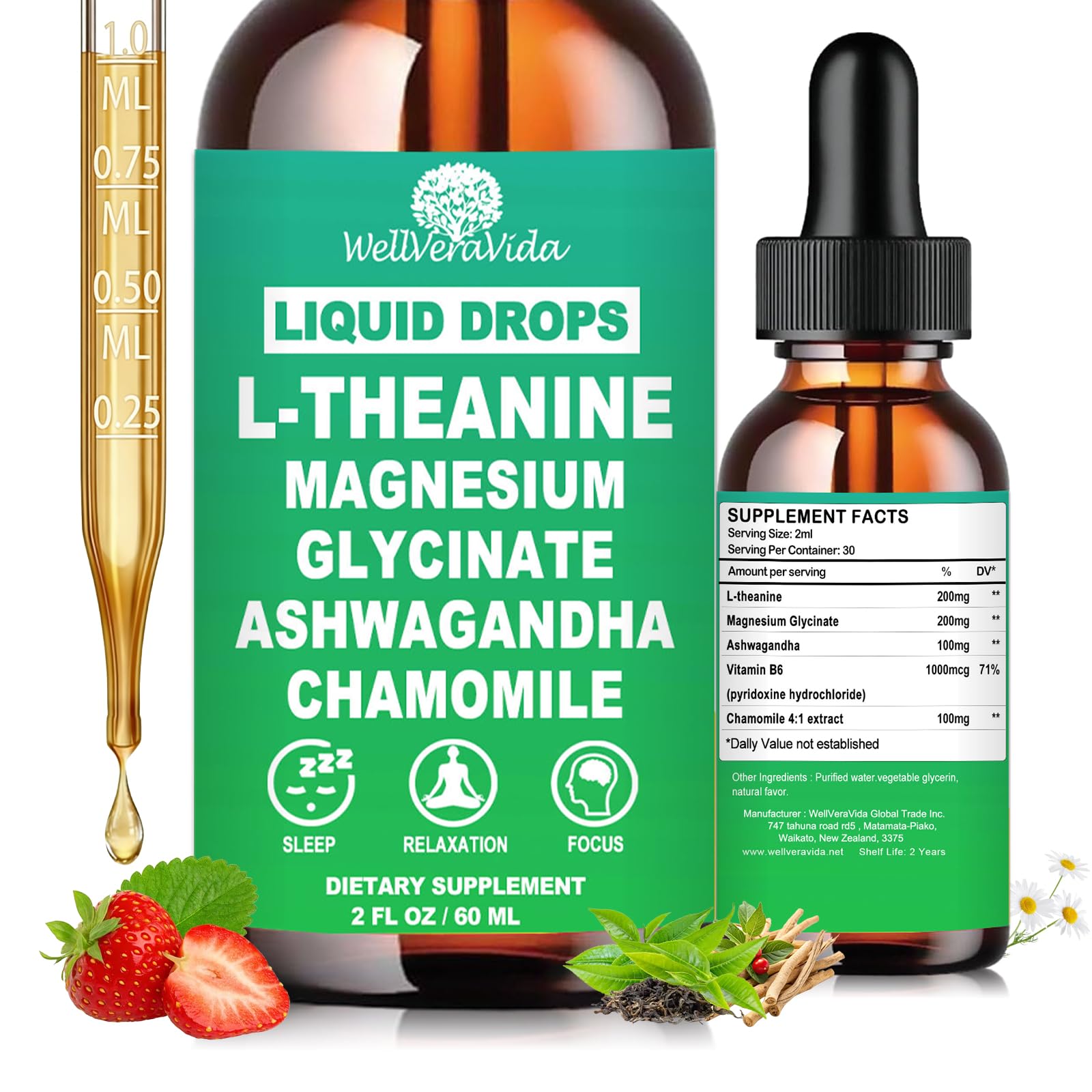 L theanine Liquid Drops, Theanine Supplement With Magnesium Glycinate & Ashwagandha for Sleep, Relaxation & Focus Support, High Absorption Liquid L Theanine 200mg for Adults & Kids丨Vegan, Non-GMO, 2oz WellVeraVidaAu supplements