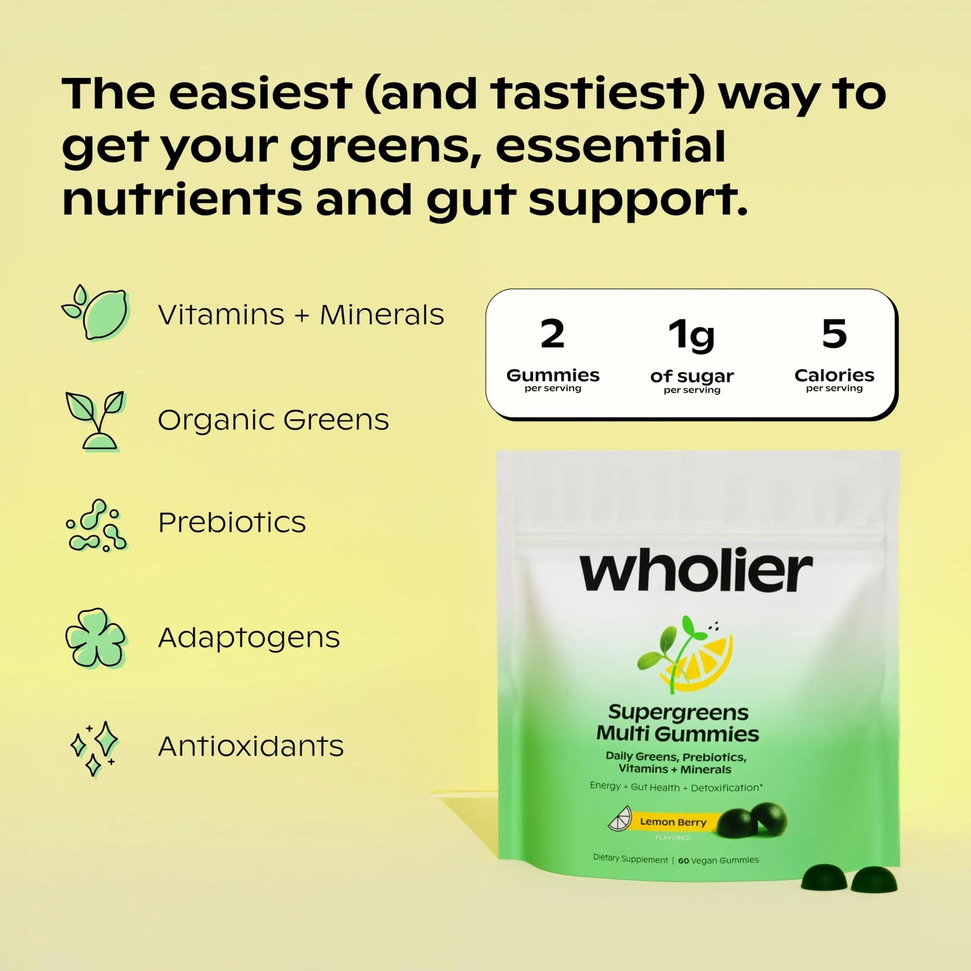 wholier Supergreens Multi Gummies, Daily Greens with Prebiotics, Fiber, Adaptogens, Plant-Based Multivitamin with 9 Essential Vitamins wholierAu supplements