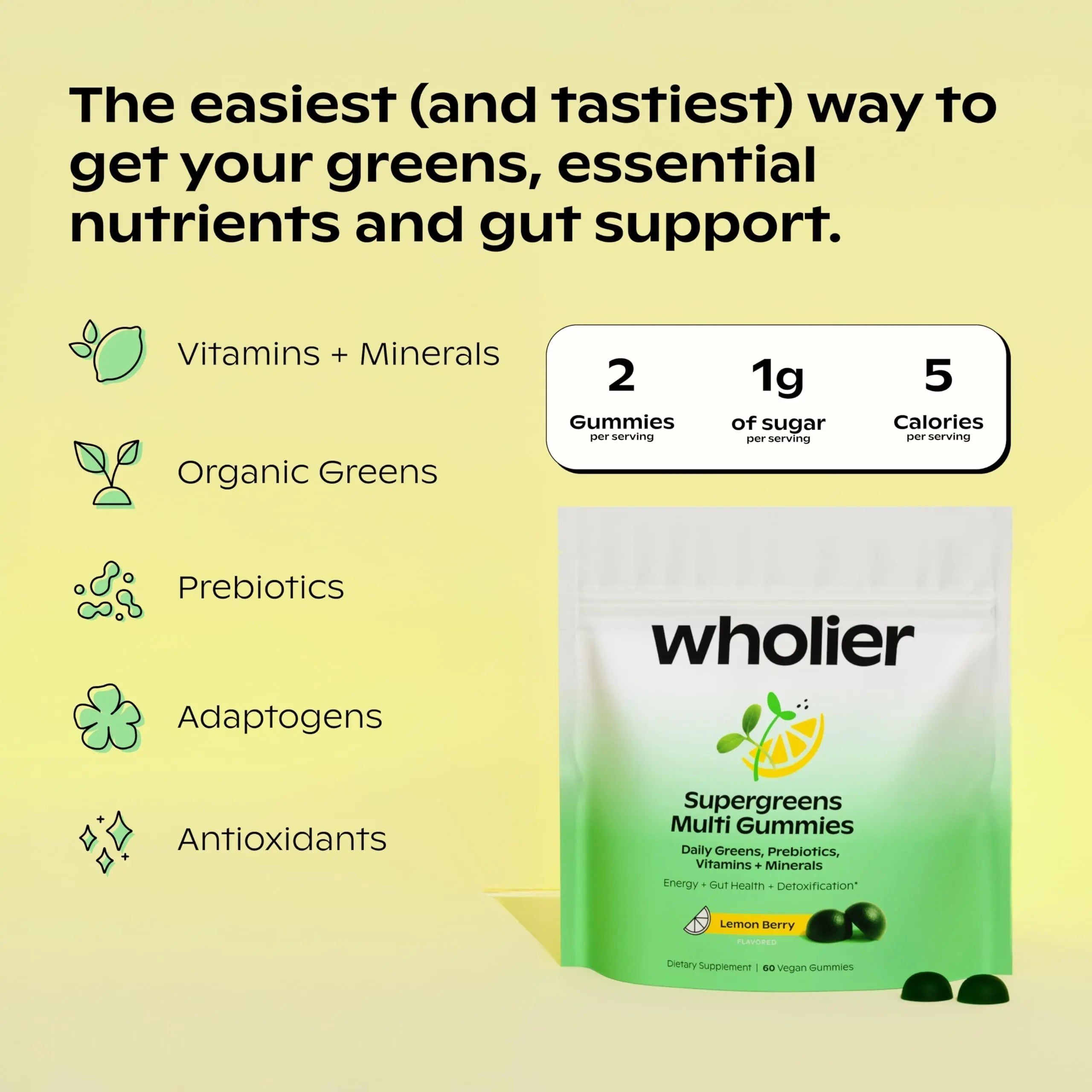 wholier Supergreens Multi Gummies, Daily Greens with Prebiotics, Fiber, Adaptogens, Plant-Based Multivitamin with 9 Essential Vitamins wholierAu supplements
