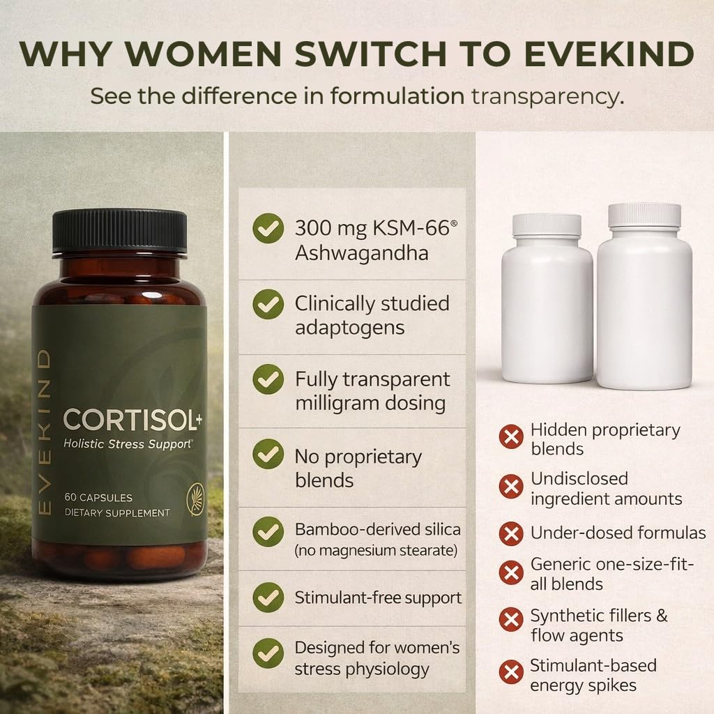 EVEKIND Cortisol Manager + Women’s Stress Relief & Hormone Balance Supplement – Adrenal Support for Mood, Focus & Energy – KSM-66® Ashwagandha, Rhodiola, L-Theanine – Vegan, Non-GMO, 60 Capsules EVEKINDAu supplements